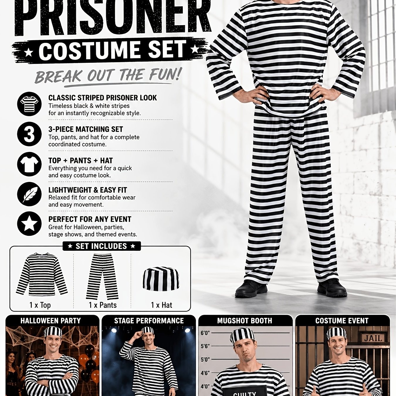 Classic Prisoner Costume Set, Black & White Striped Top & Pants With Hat, Perfect For Halloween, Carnivals &