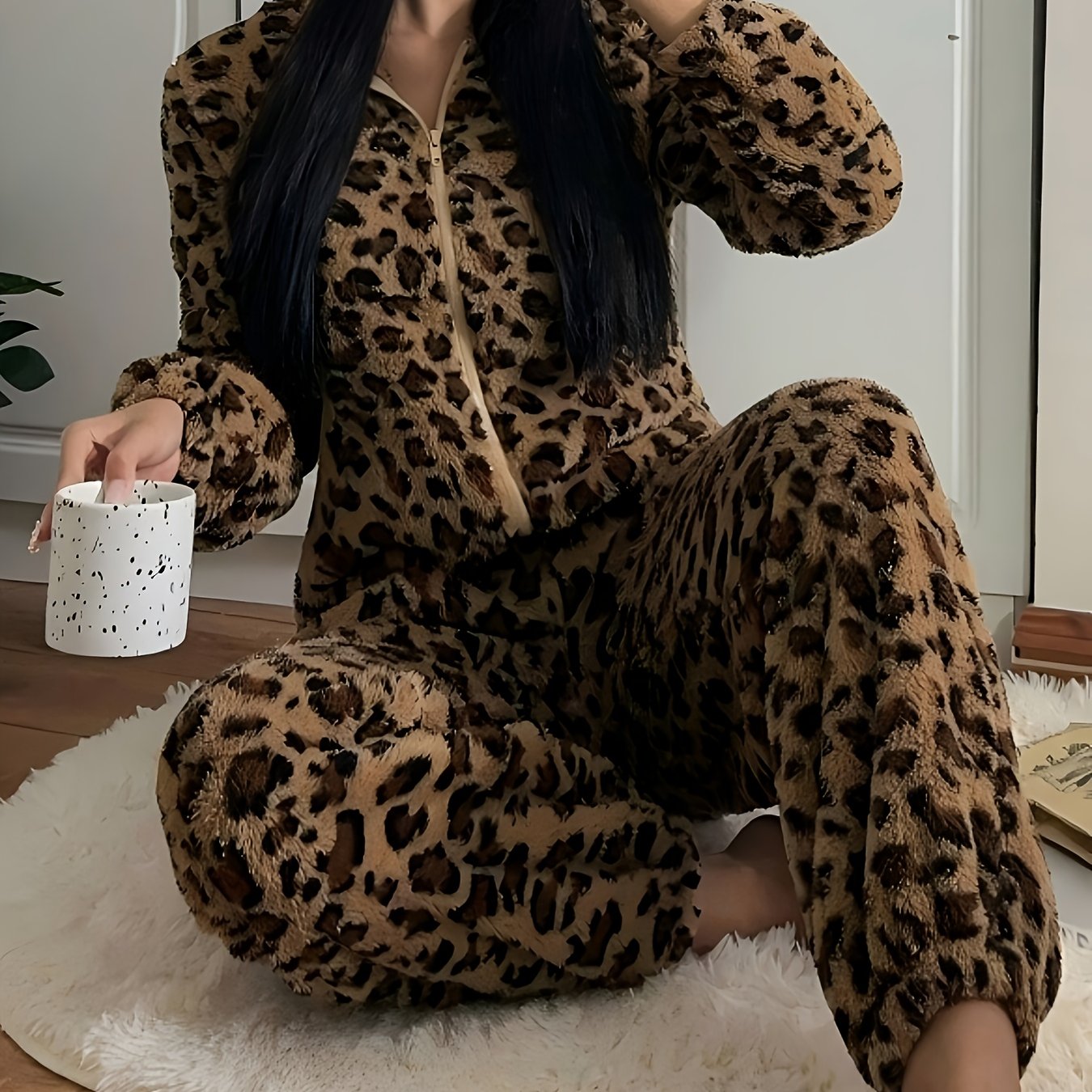 TEMU Eu0915 - European And Autumn/winter New Fuzzy Leopard Print Women's Long Sleeve Hooded Zipper Warm Loose Comfortable Onesie Pajamas