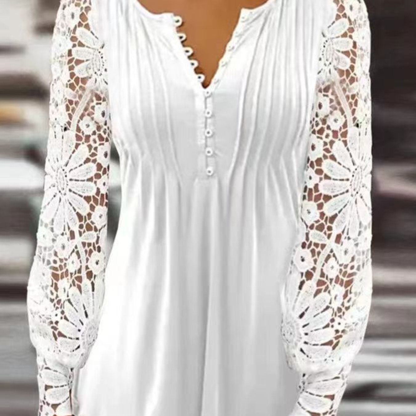 TEMU 2026 Spring And Autumn New Lace Trim Sleeve T-shirt For Women, Pleated Solid Color Button Base Shirt, Versatile Female Clothes
