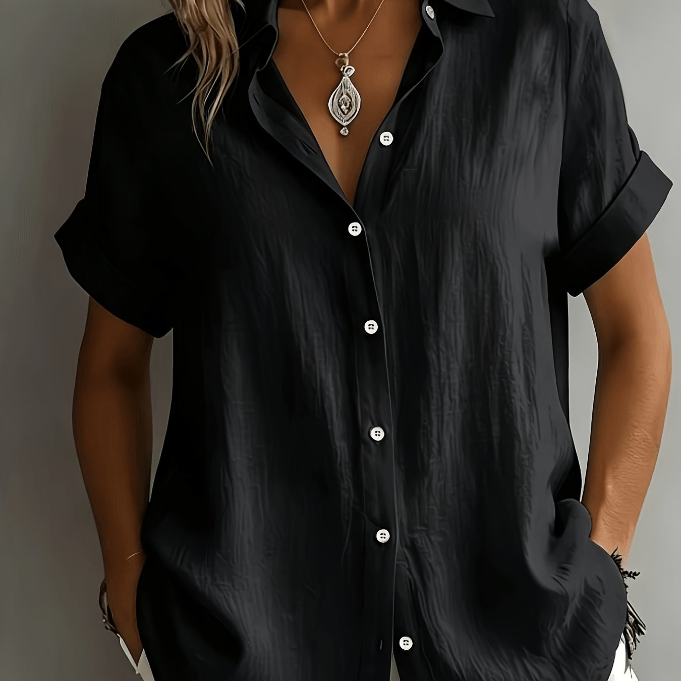 TEMU Women's Elegant Vacation-style Short-sleeve Top, Loose And Relaxed Shirt, Commuting Casual Literary Style, Figure-flattering, Daily Temperament