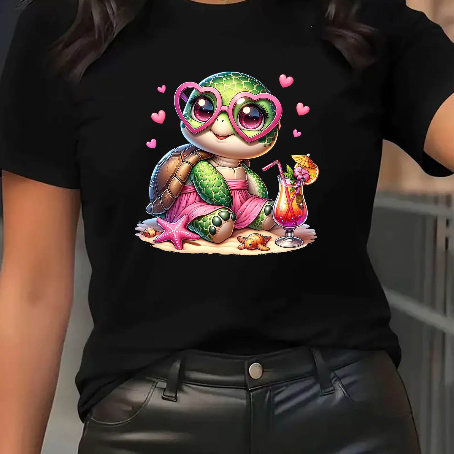 TEMU Women's Cute Turtle With Heart Eyes Short Sleeve T-shirt - Casual Summer Round Neck Blouse, Stretch Comfortable Turtle Print Top For Casual