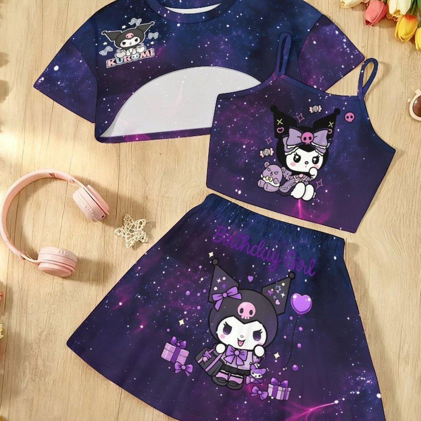 Girls' Coat, Strap And Short Skirt 3pcs Set - Digital Printed And Kuromi Cinnamoroll Pattern Printed Casual Fashion Dressing, For Outdoor