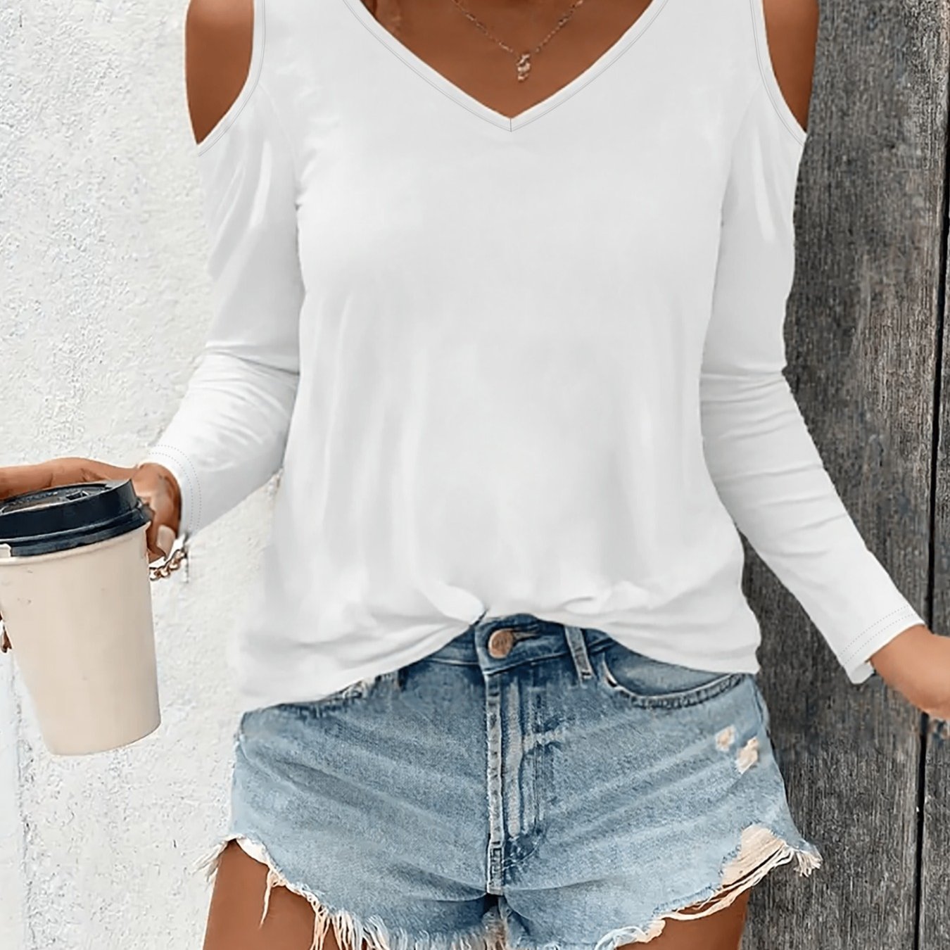 TEMU Camiseta de larga para mujer 020#, elegante, con cuello en V y hombros descubiertos - Tejido de poliéster de fácil cuidado, lavable a máquina, y