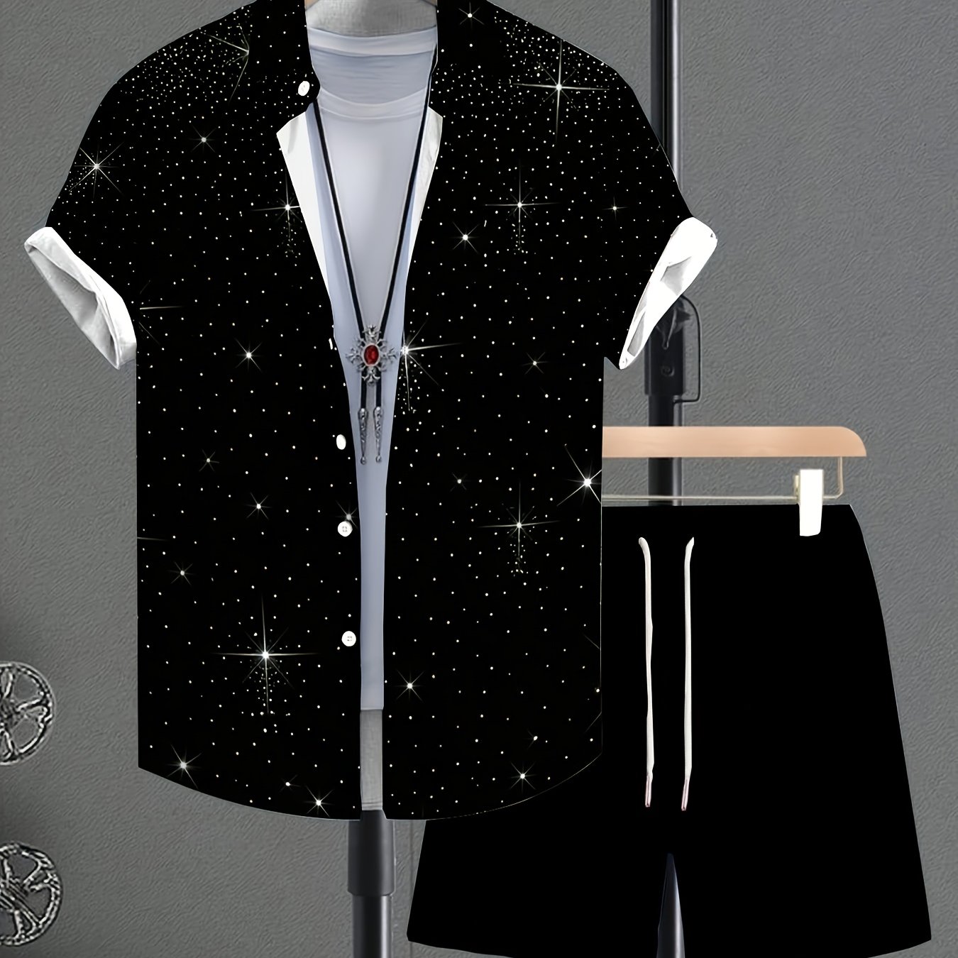 TEMU Summer Men's Shirt Set Featuring A With Starry Dot Patterns, Including A Stylish Short-sleeve Shirt And Shorts In A Two-piece Outfit