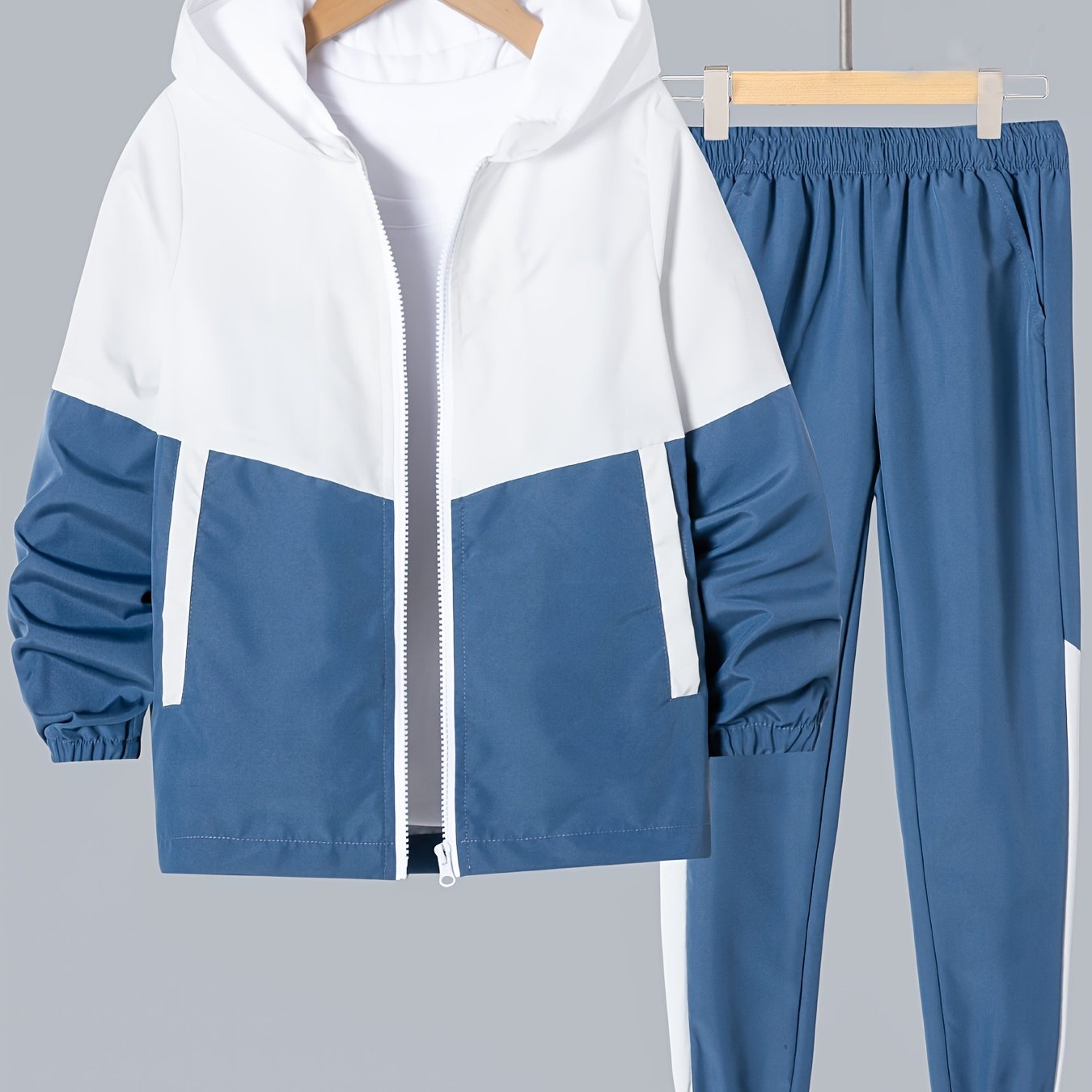 Image of 2pcs Boys' Long Sleeve Hoodie And Jogger Pants Set - Soft, Zip-up, Contrast , Perfect For Casual Wear, For Outdoor, Color-, , Trendy Style, Hooded, Zipper Front