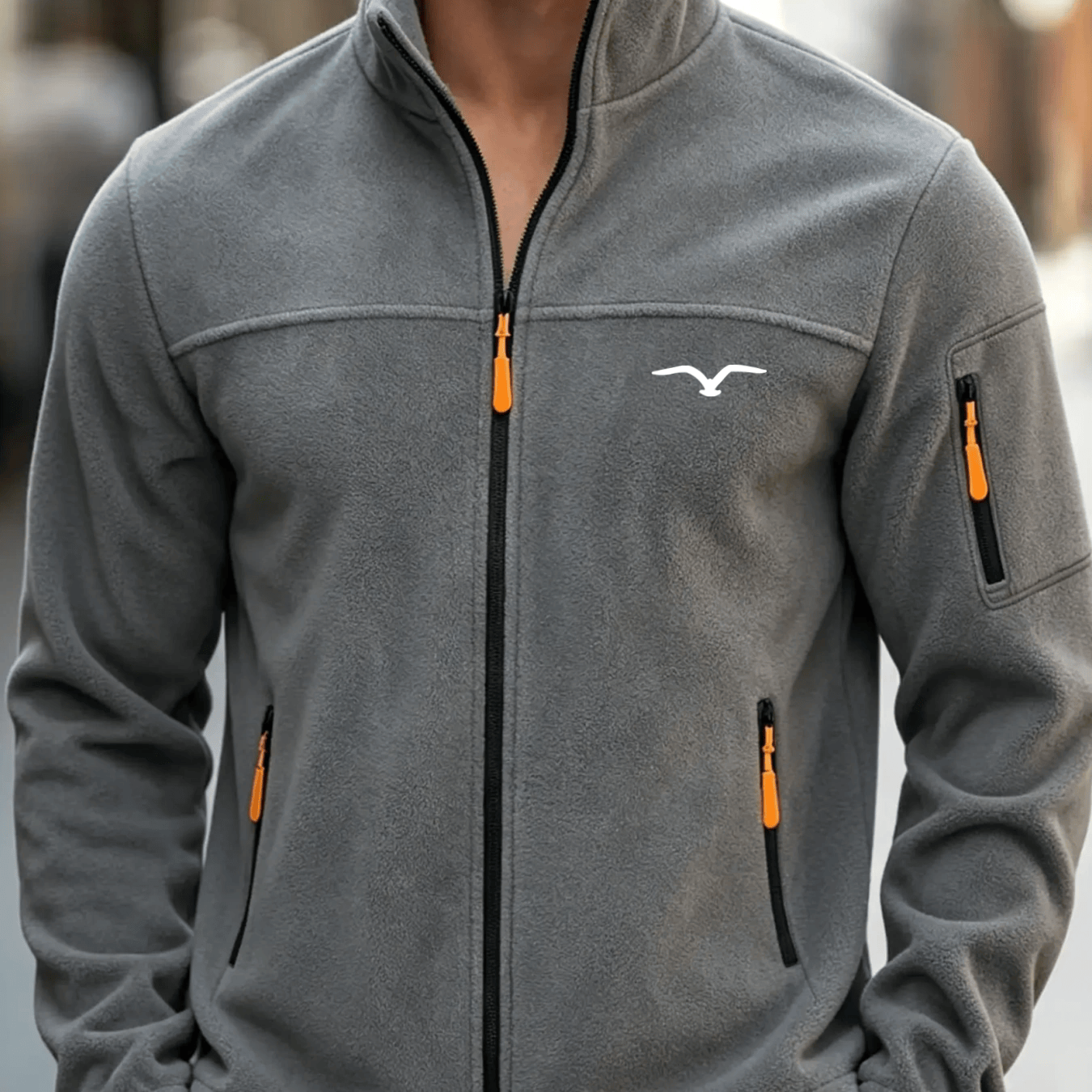 TEMU Men's Thickened Printed Top With Windproof Collar   Simple Cardigan Design, Multiple Zippered Pockets For Storing Personal Items, Fluorescent
