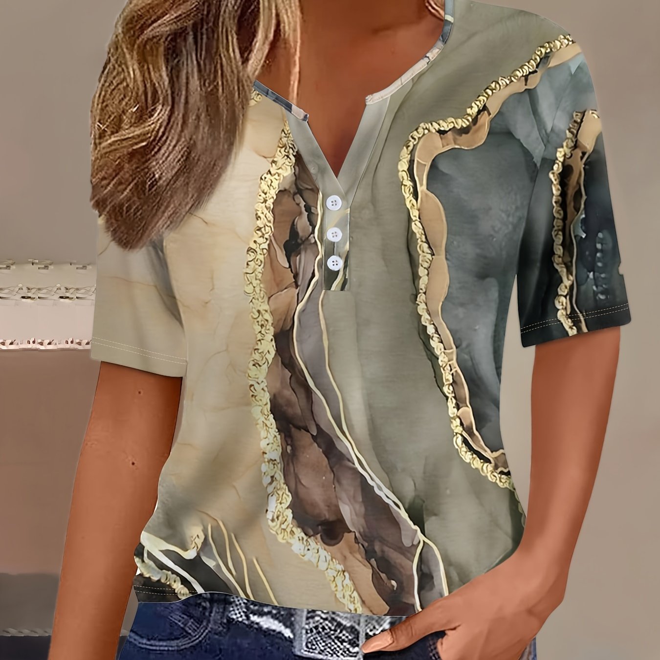 Casual Button Short Sleeve Camouflage Print V-neck Women's T-shirt