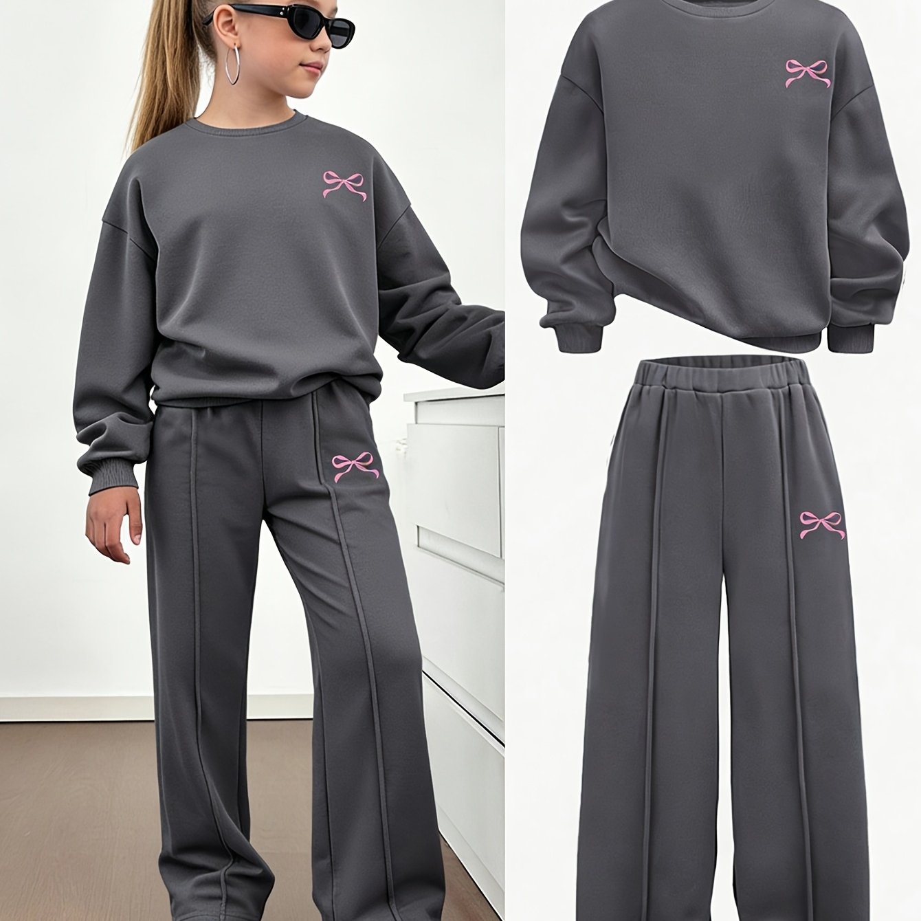 Image of Girls' Clothing: 2pcs Set Of Girls' Long Pants For Autumn , Solid Color Round Neck Ribbed Sweatshirt Regular Fit Elastic Mid-waist Straight Long Pants Casual Casual Daily School Daily School Vacation