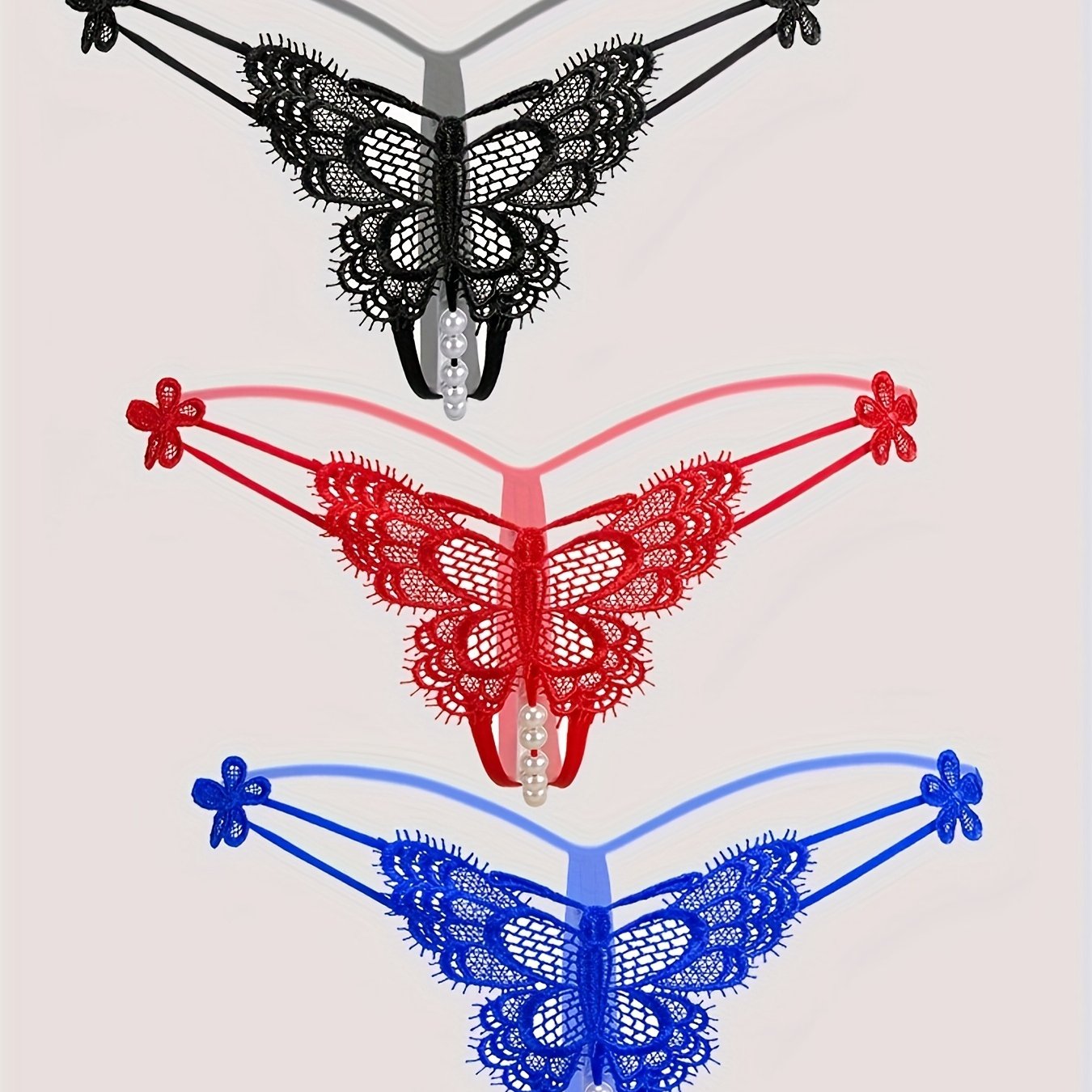 4pcs Butterfly Embroidery Thongs, Sheer Faux Pearl Open Crotch Panties,  Women's Sexy Lingerie & Underwear