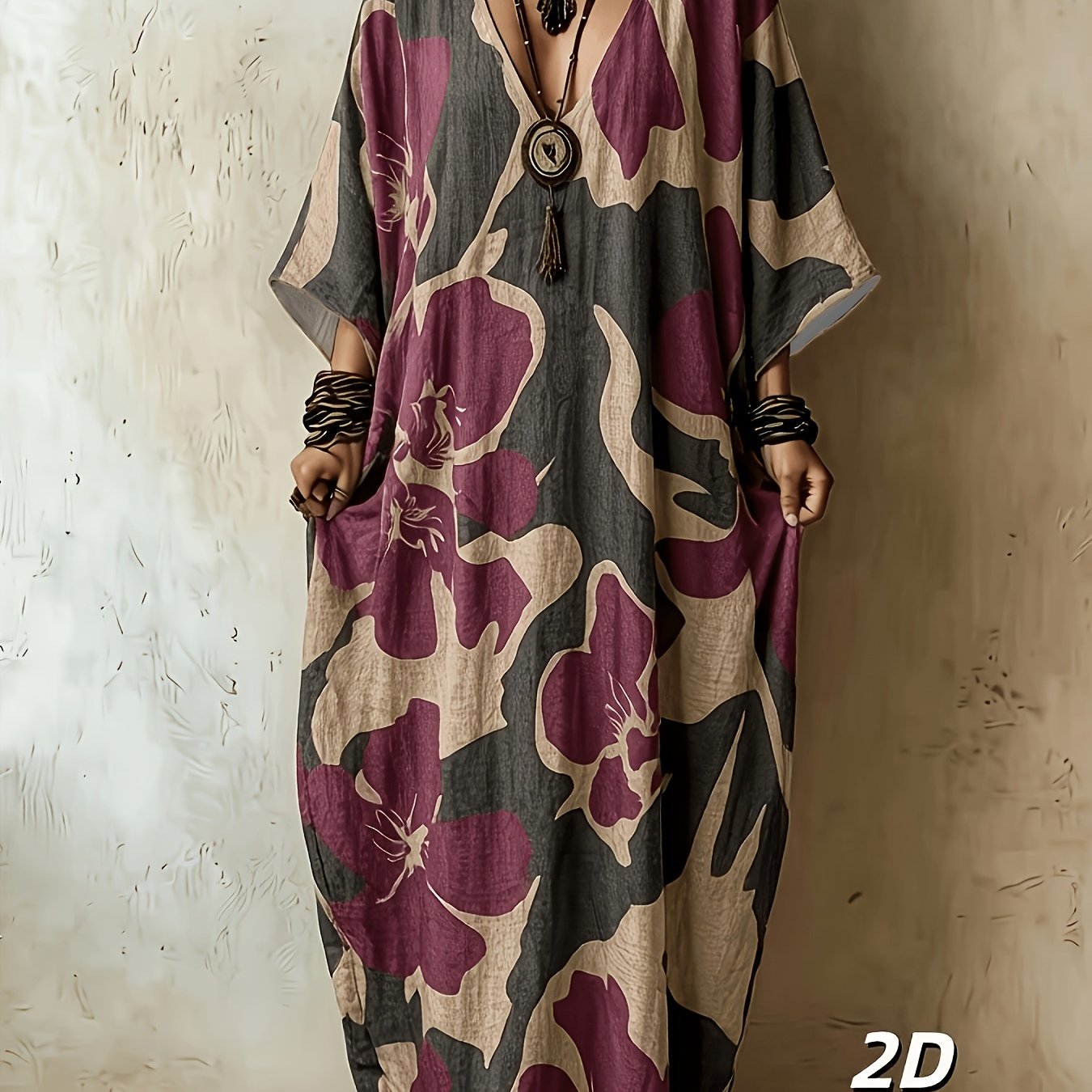 TEMU European And Purple- Abstract Floral Print Dress For Women, Batwing Sleeve Textured Loose Fit Seaside Vacation Beach Cover-up Long Dress