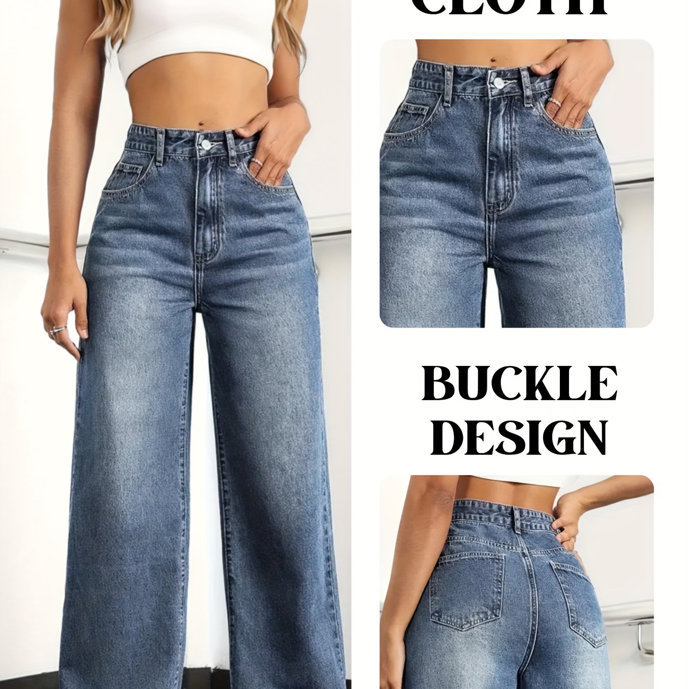 Image of Blue Loose Straight-leg Jeans For Women - Comfortable And Versatile, Suitable For Weekend , Office Work Or Casual Wear. With Functional Pockets, The Fabric Is Soft And Comfortable, Suitable For