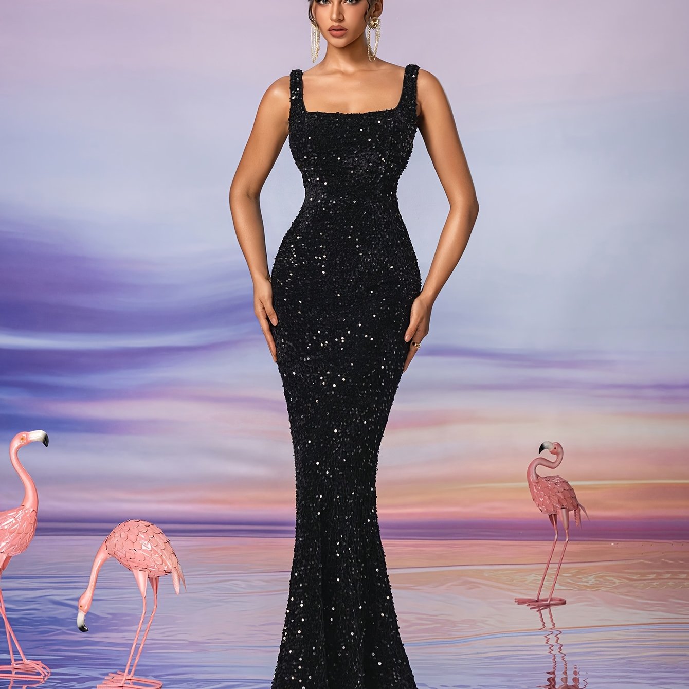 Slim Long Evening Dress With Wide Shoulder Strap Back Zipper Sequins