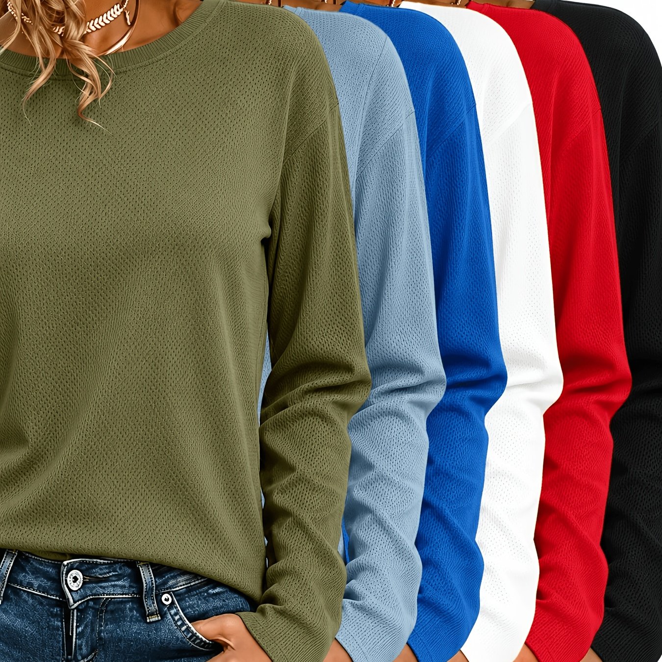 TEMU 6pcs Women's Long-sleeved Shirts - Elegant, Non-transparent, Soft Fabric, Classic Round Neck, Machine Washable, Very Casual To Wear, Solid ,