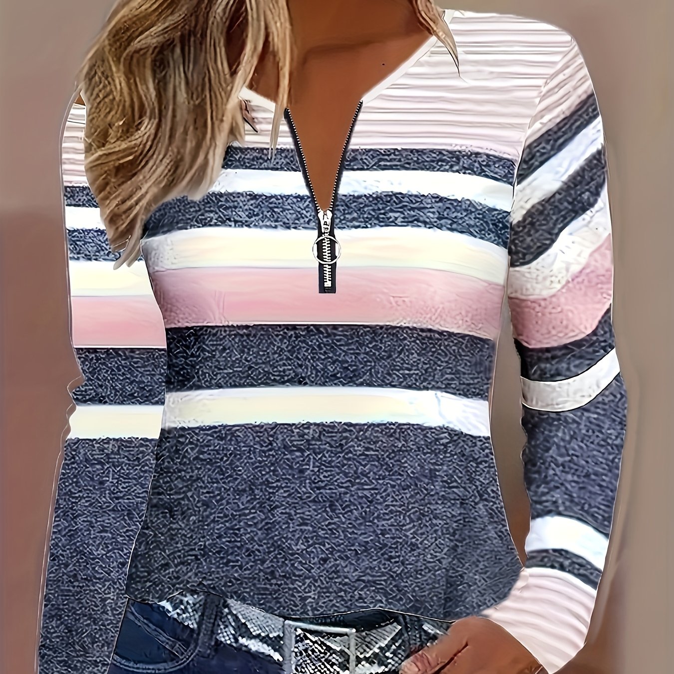 Elegant Striped Zipper Fashion Long Sleeve T-shirt