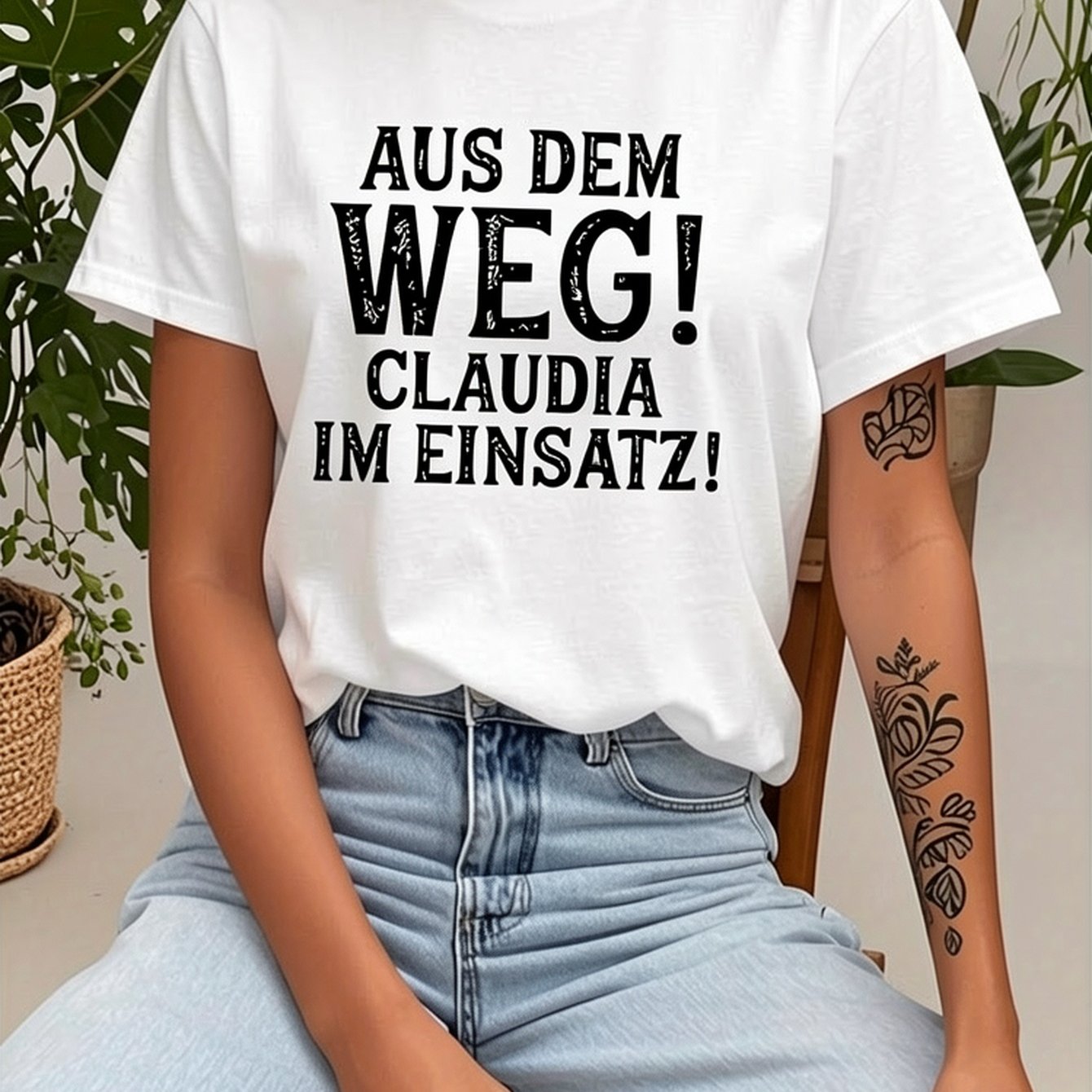 Image of Teediy Women's Humorous German Quote T-shirt - The Way! Claudia I M Einstaz Red Geometric Print, Fit Short Sleeve Casual Top, Machine Washable Wear, Cute T Shirts, Eve