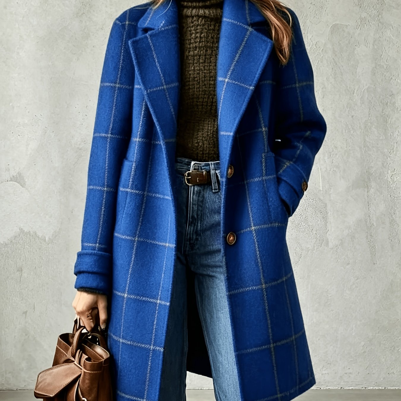 Image of Women's Elegant Windbreaker Coat, With A Checkered Design And A Mid-length Style, Is Suitable For Fashionable Outfits In Autumn And Winter.