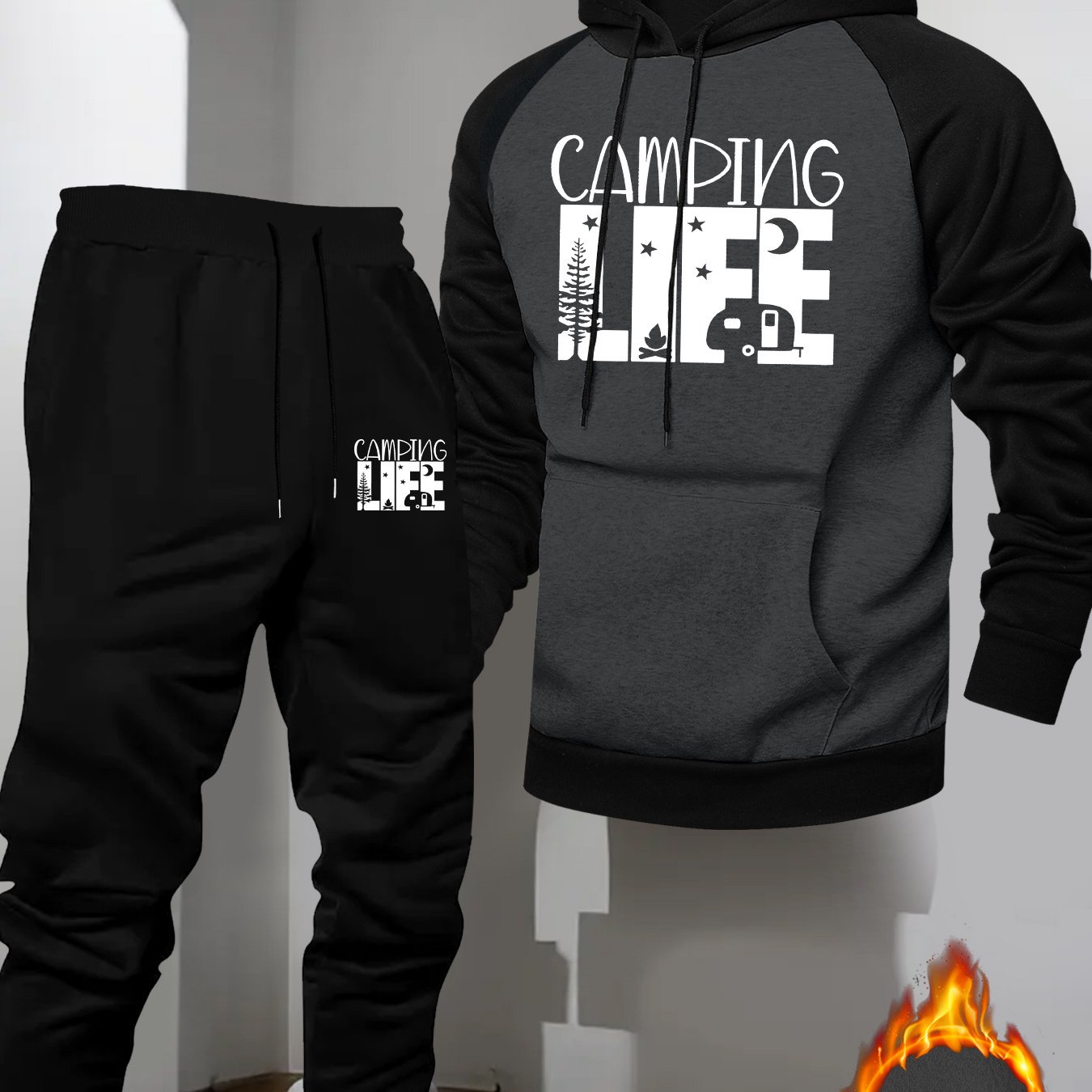 TEMU Men's Casual Sporty Raglan Sleeve Hooded Sweatshirt 2pcs Set, Color With Outdoor Camping Pattern Print, Trendy And Versatile Outfit