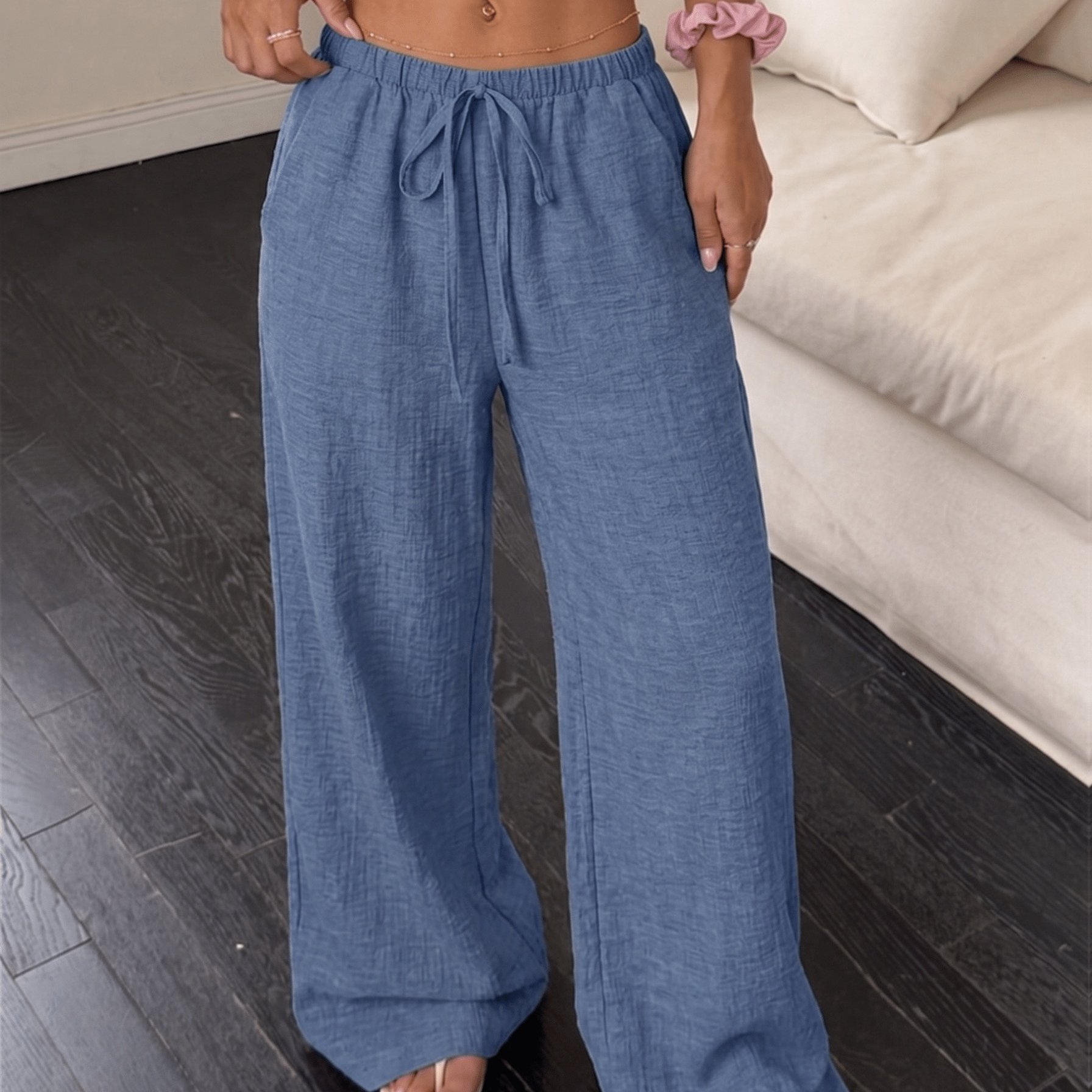 TEMU Women's Casual Solid Color Drawstring Wide-leg Trousers With Straight Pockets