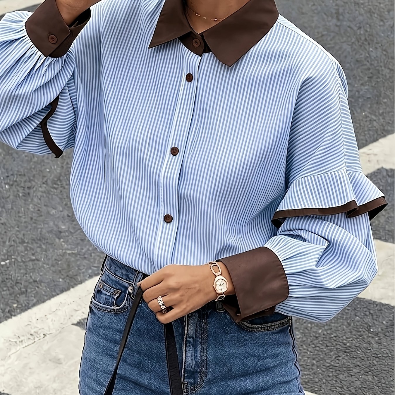 TEMU Women's Vintage Color-block Collar Striped Shirt For Spring And Autumn, Loose Top With Cuffs, Oversized Versatile Casual Commuter Blouse,