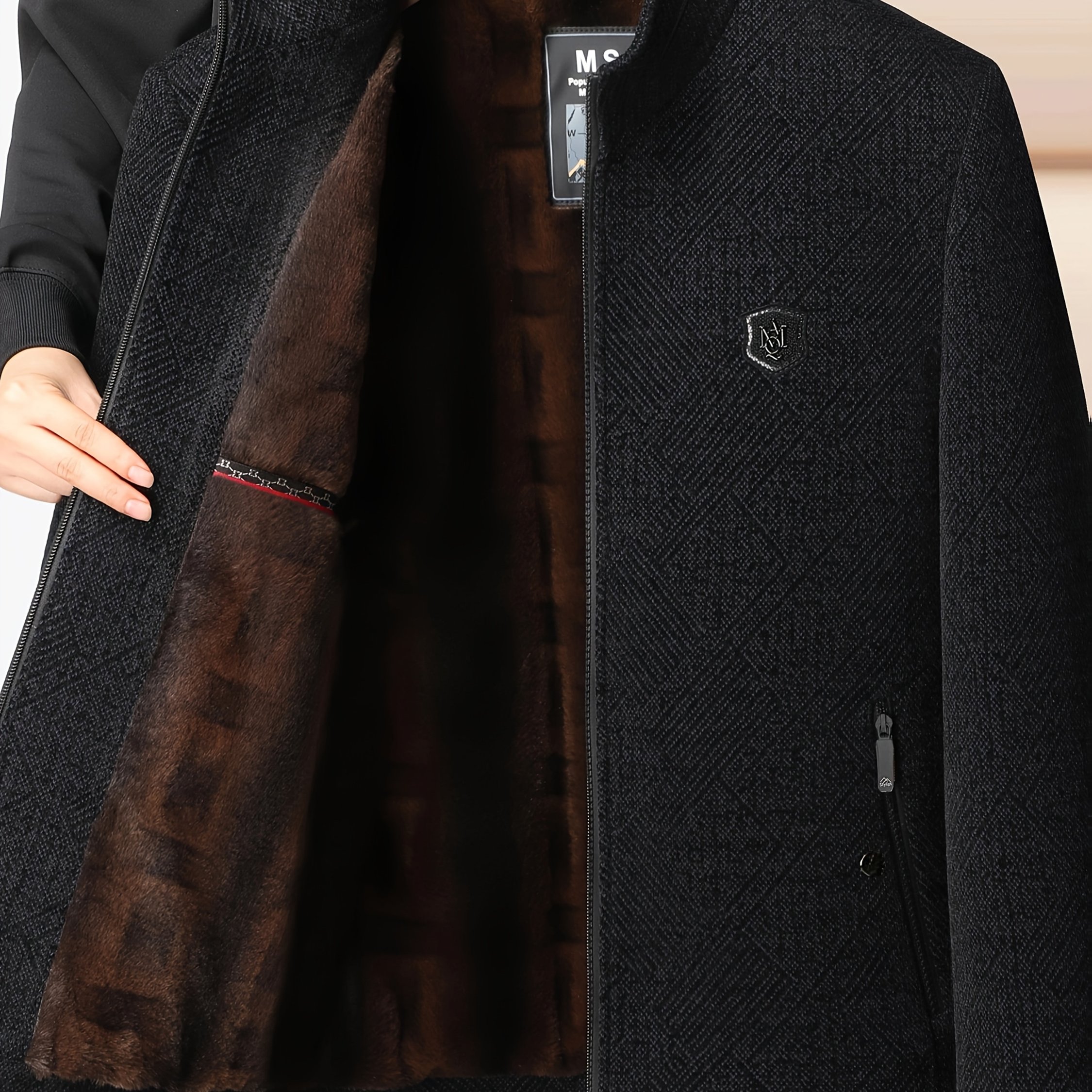E-shop OBM Winterjacke mit Nerzfutter Stehkragen für Männer mittleren Alters – Gefütterte, verstärkte, warme Zip-Up-Oberbekleidung