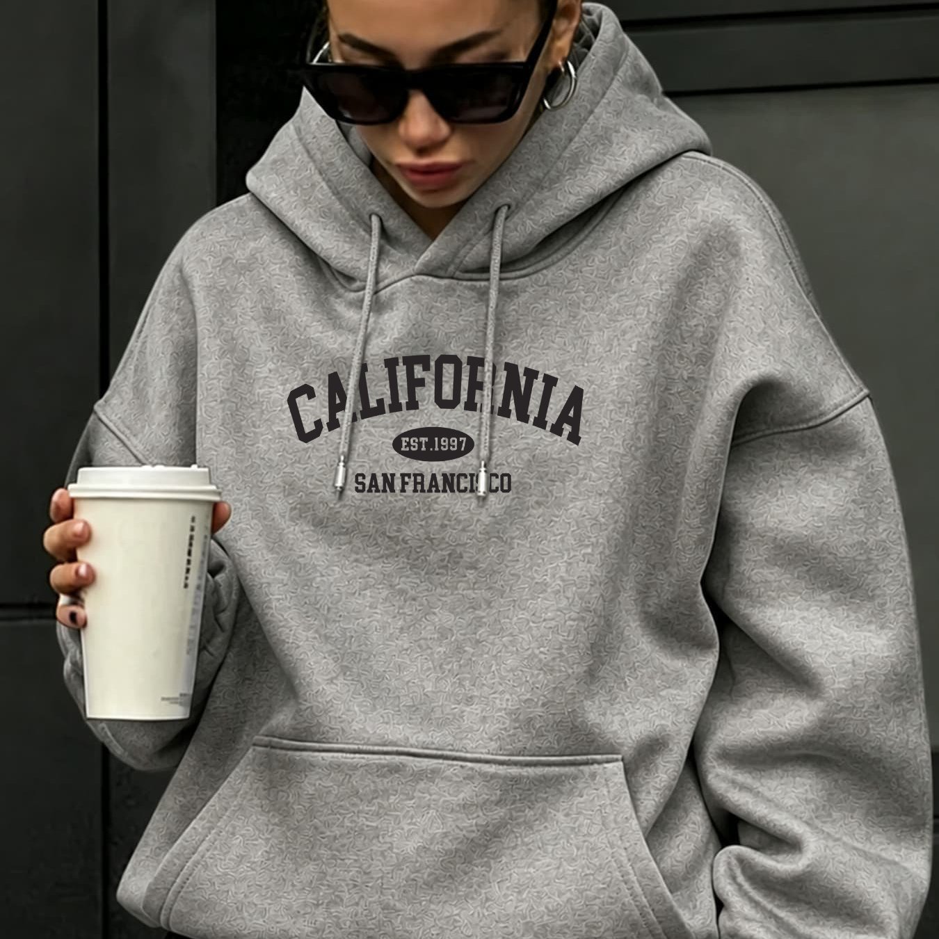 Image of Autumn New Arrival Women's Fleece Hoodie Sweatshirt - Loose Drop Shoulder Casual Pullover With Drawstring Hood & Kangaroo Pocket, Retro California Graphic, Street Style, Cold , Date Essential