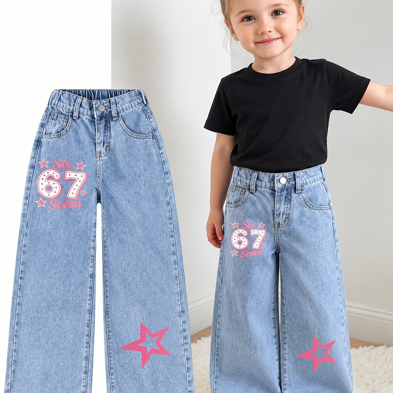 Image of Unisex Youth Multiple Colors Baggy Jogger Jeans, Front And Leg Pink Cartoon Number 6 Graphic Print, Y2k Streetwear Vibe, Back To School Outfit, Day Of School, Daily Casual Wear, Campus , Street Styl