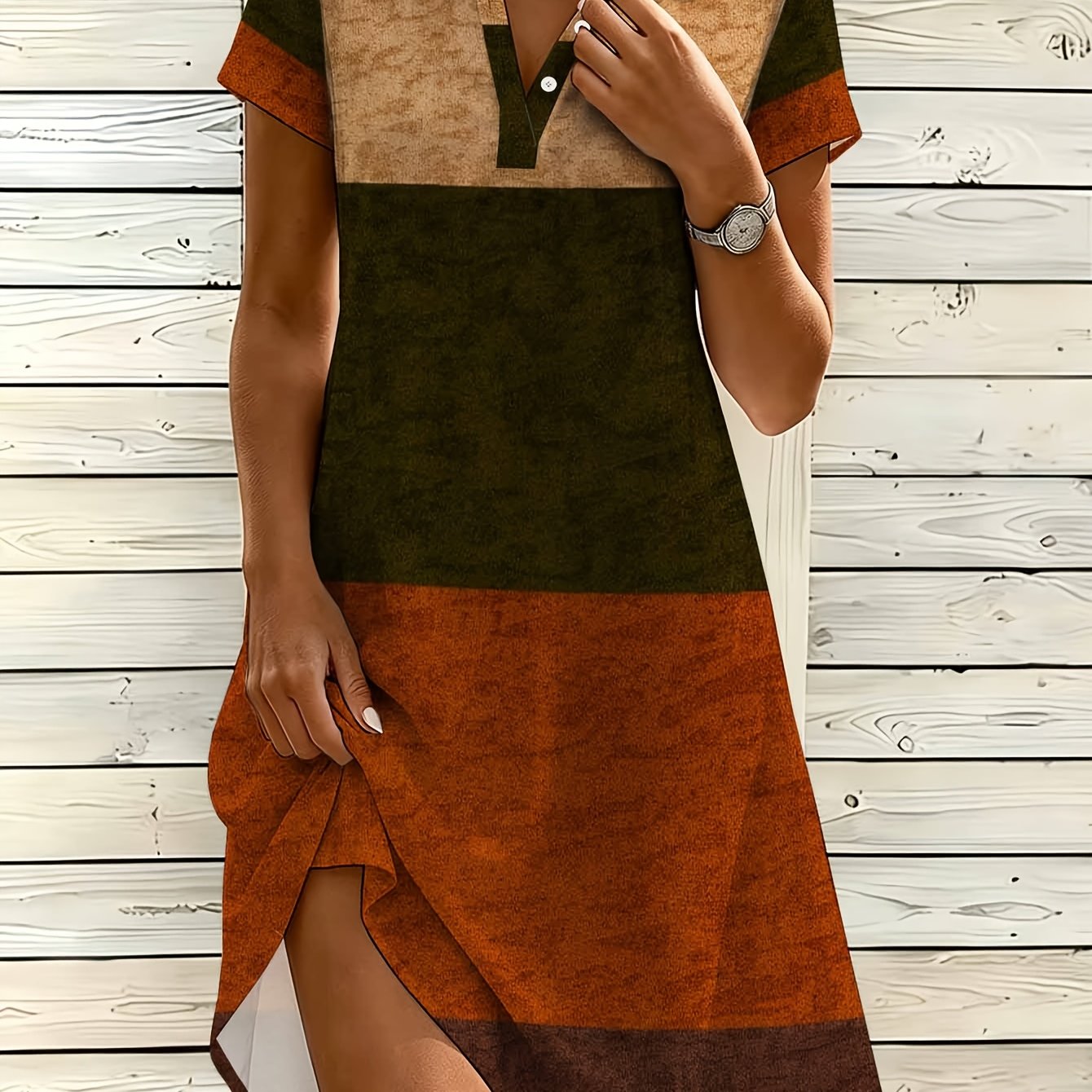 Image of Women's Fashion Shirt Dress, V-neck Button Dress, Color Block Print
