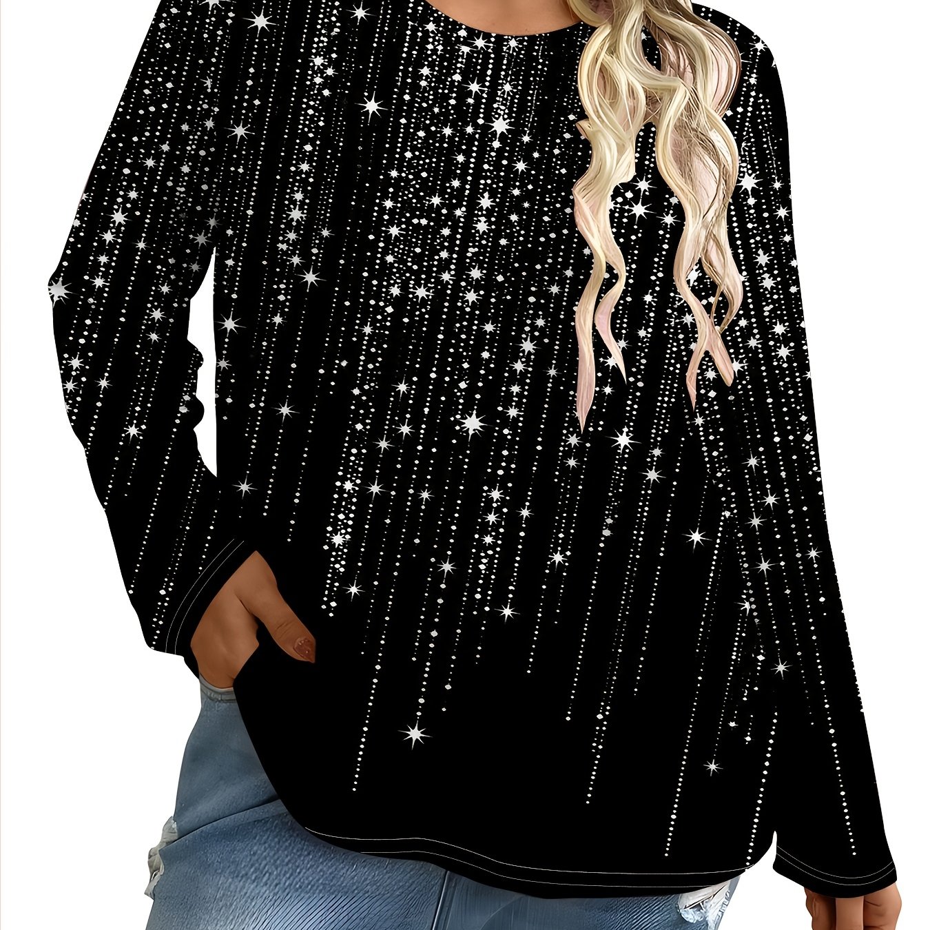 TEMU Plus Size, Spring/autumn Women's Fashion Highlight Printed Long-sleeve Crew Neck T-shirt, Casual Long-sleeve Top, Daily Party Women's Clothing,