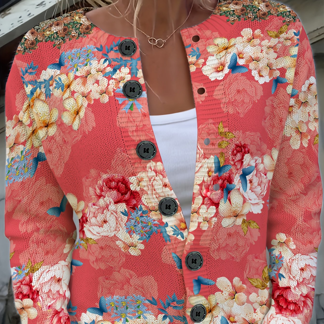 TEMU Women's Bright Floral Button-front Blouse - Long Sleeve Round Neck Casual Spring/autumn Tops With Flower Print, Regular Fit For Or Semi-formal