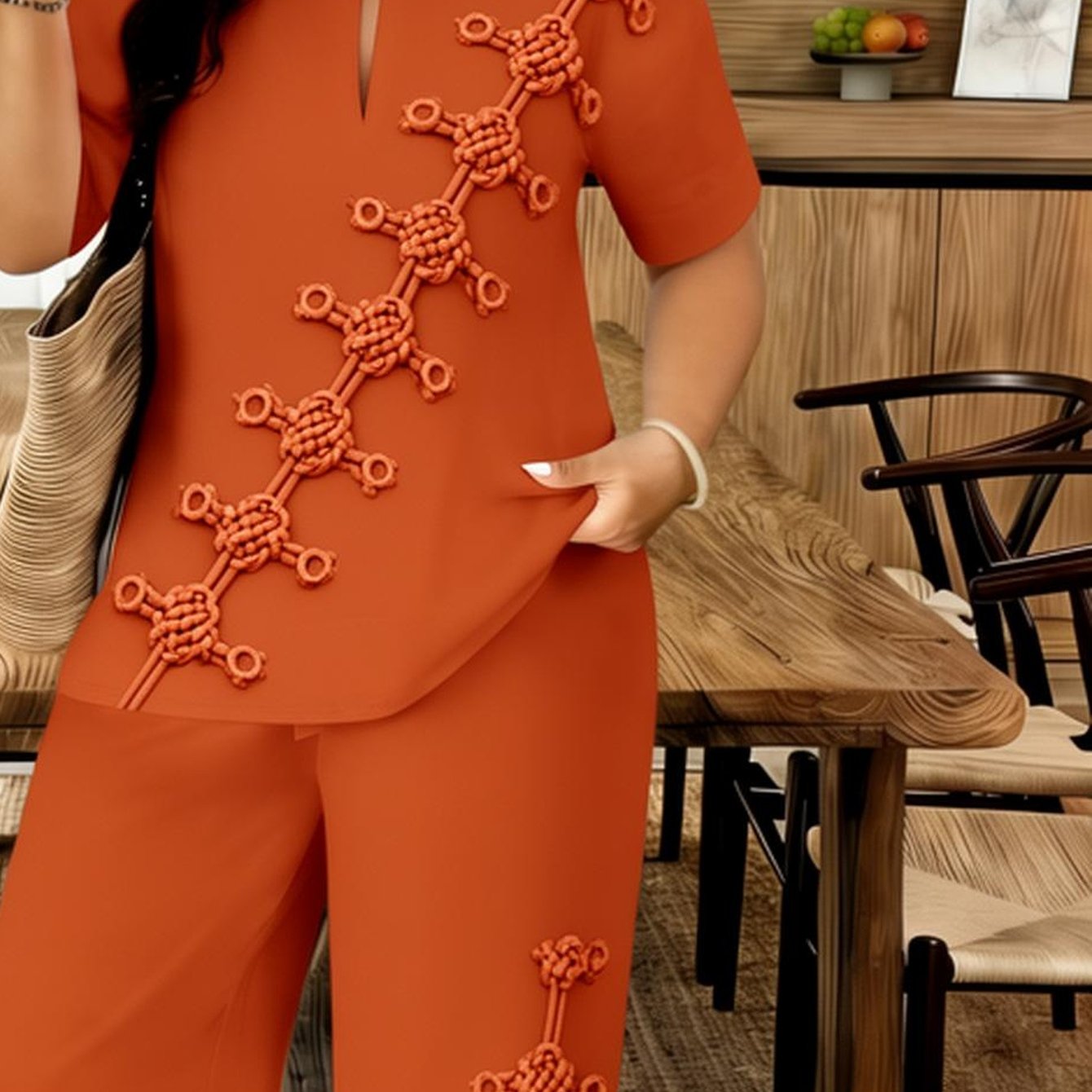 Image of Plus Size, Plus Size Women's 2pcs Set Chinese Knot Print Orange 2pcs Set Casual Summer Outfit For Women Suit For Spring/summer Outdoor Outfits, Gifts For Mother's Day