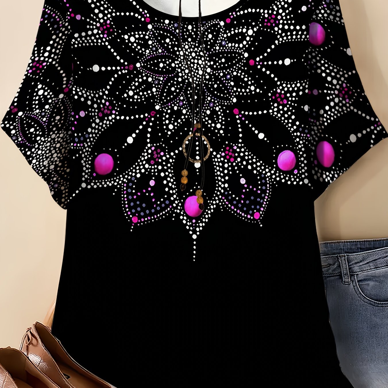 TEMU Plus Size Women's Hot Drilled Mandala Round Neck Loose T-shirt: Featuring A Base, With Mandala Floral Patterns, With Purple-pink Contrast Faux