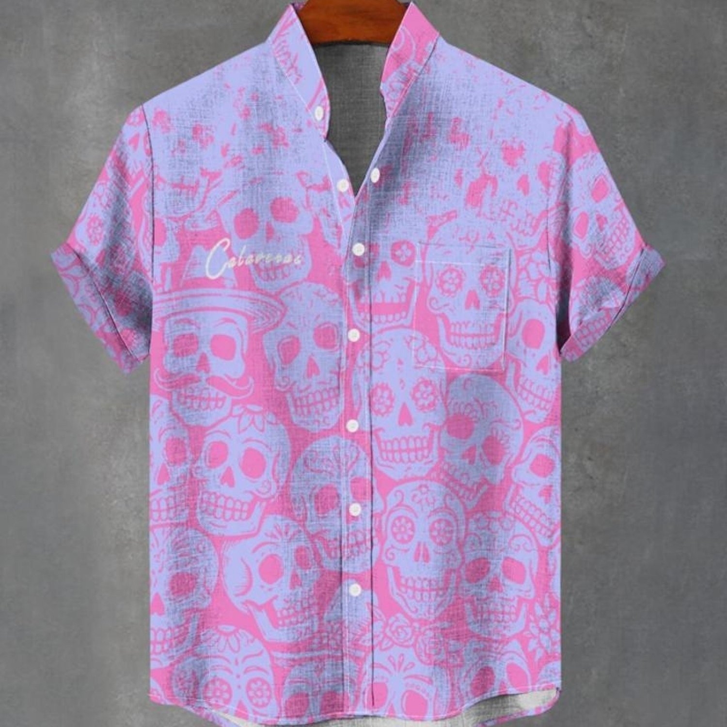 Image of Men's Stand-collar Pocket Short-sleeved Shirt, Light Purple With Pink Sugar Skull & "calaveras" Print, Polyester Fabric, Comfortable For Daily Casual Wear, Multiple Sizes , Fashionable Formal Style