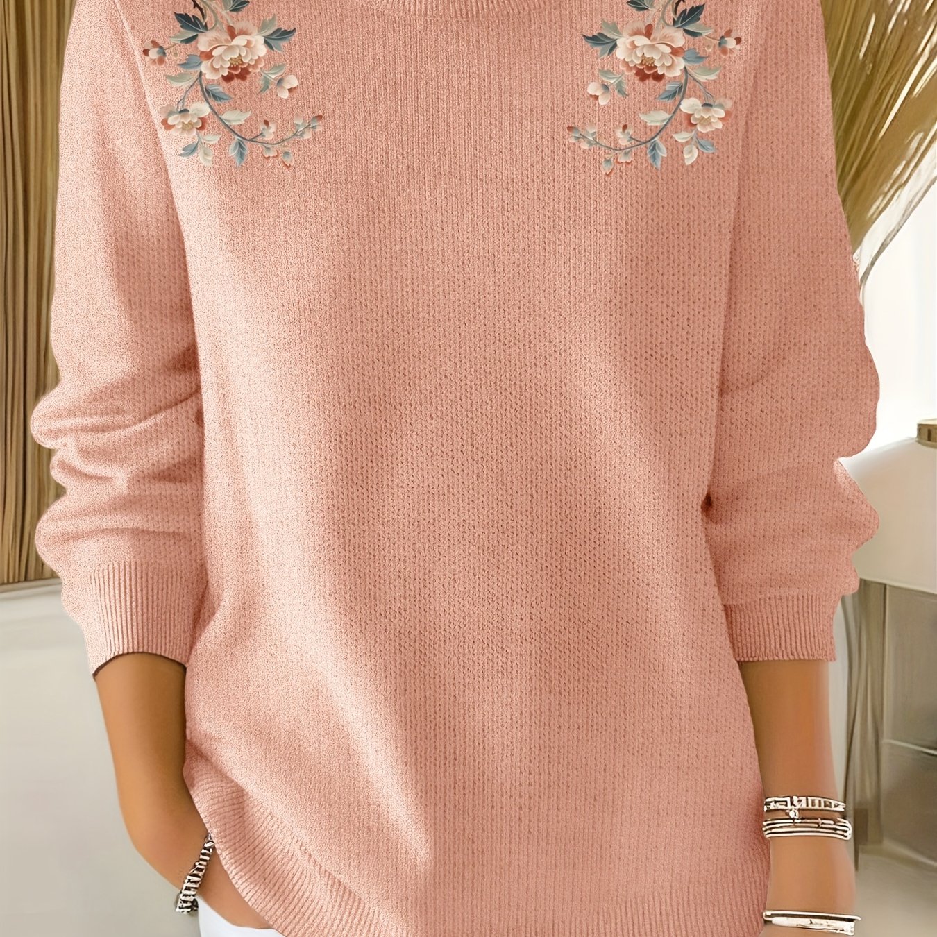 TEMU 2d Printed Embroidery-like Women's Commuter Versatile Fine Sweater, Comfortable Fabric, Long Sleeve Sweater With 