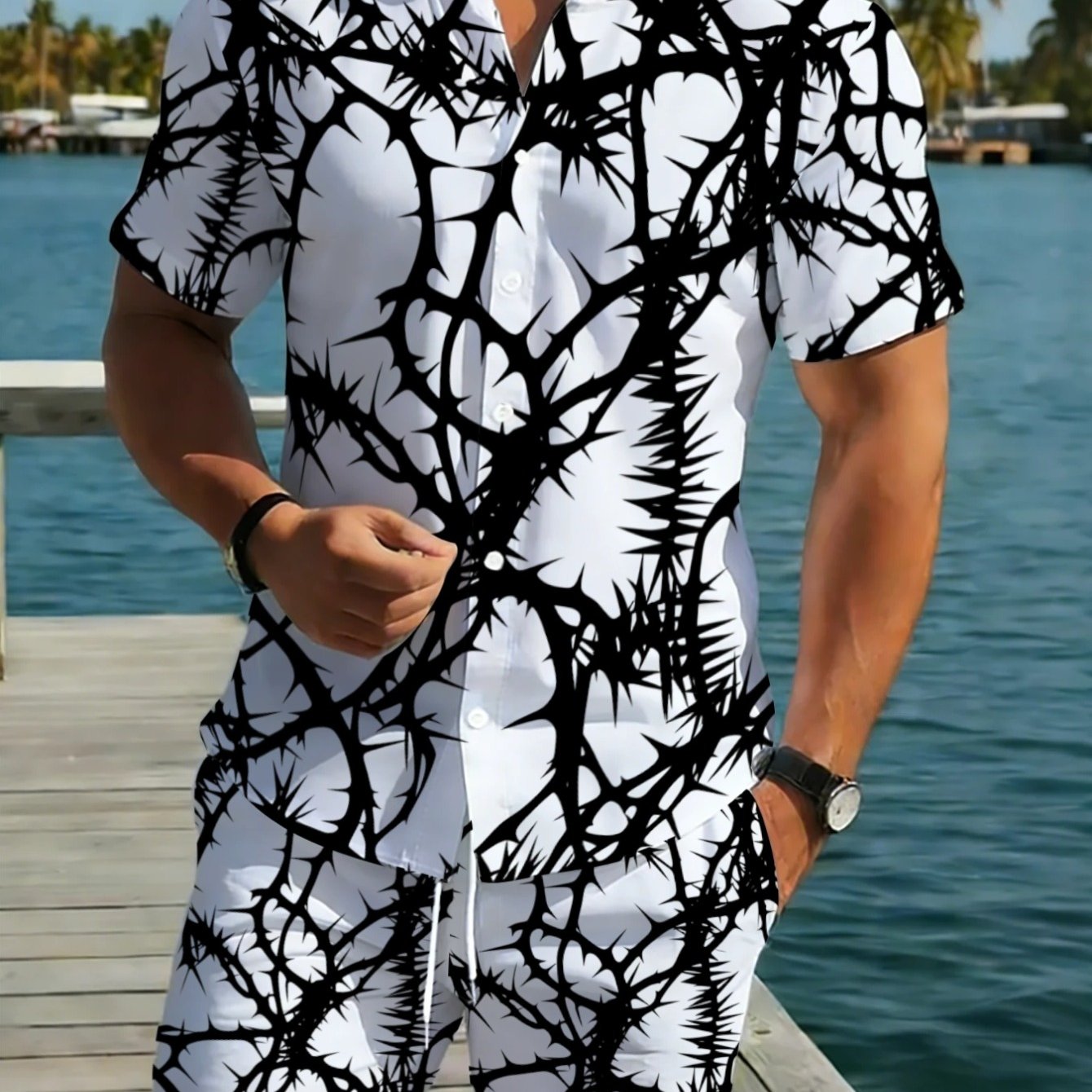 TEMU [printed Design Not Textured] 2pcs Set Men' Black Thorn Print Short Sleeve Shirt And Pants Set Lightweight Comfortable Casual Wear For Beach