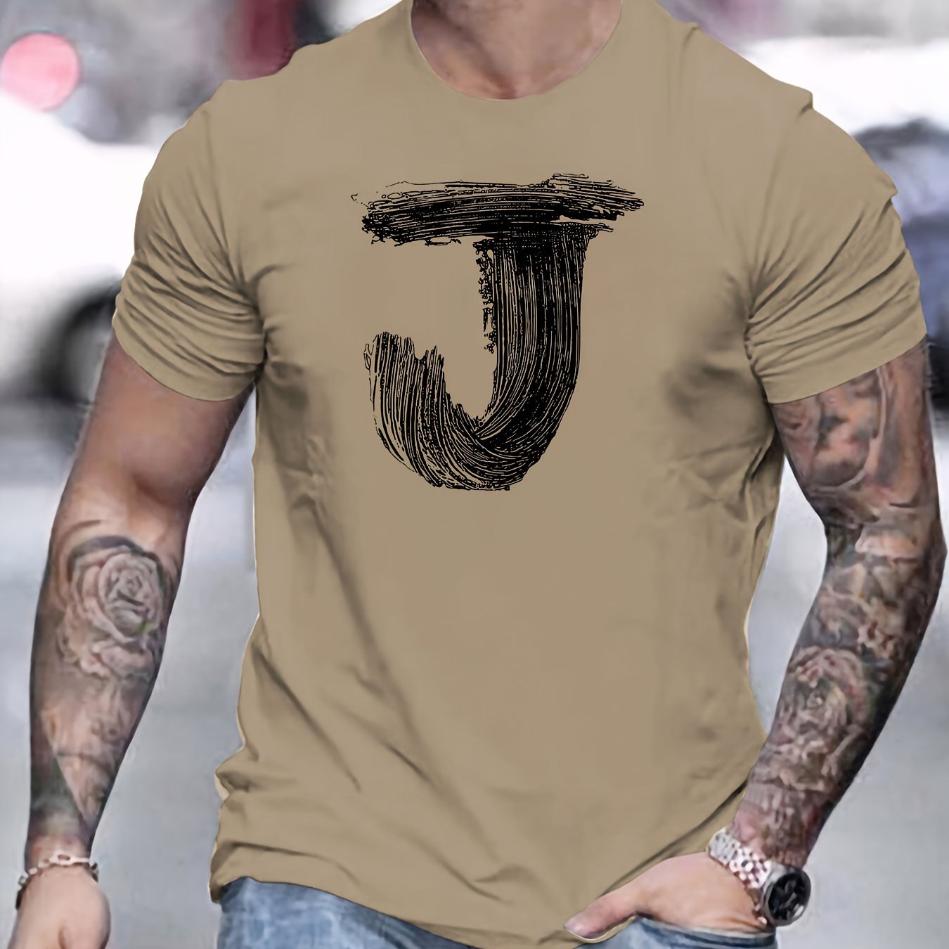 TEMU The Letter J Pattern Simple Print Tee Shirt, Tees For Men, Casual Short Sleeve T-shirt For Summer