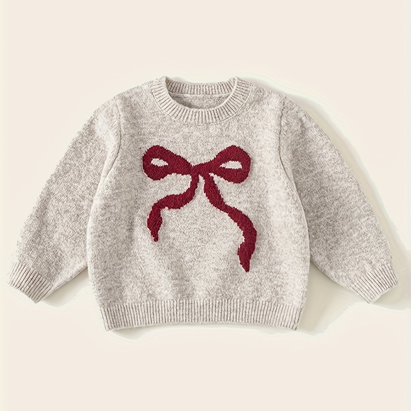 Autumn Children's Versatile Round Neck Bow Pattern Solid Color Pullover Sweater Qy25082
