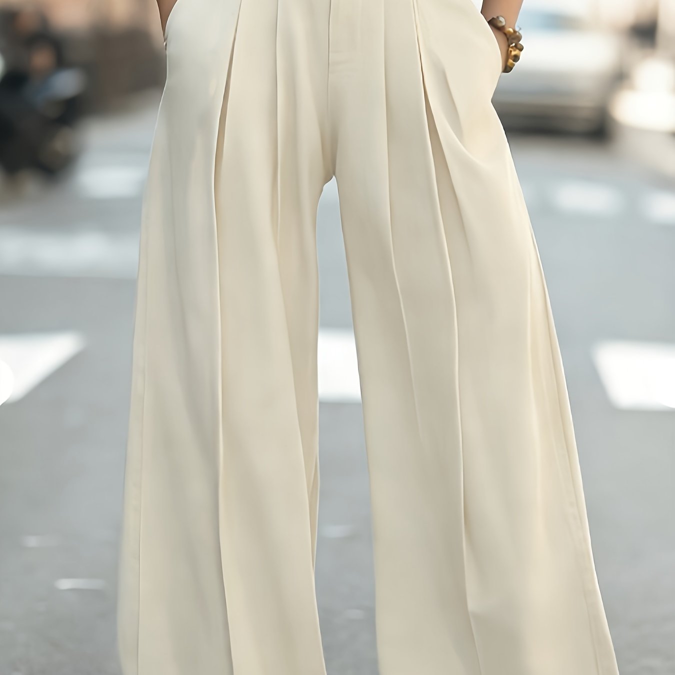 TEMU Women's Trousers, High-waisted Wide-leg Pants With Elastic Waistband And Button Closure, Loose Straight-leg Cut, Cream , Full-length Pants