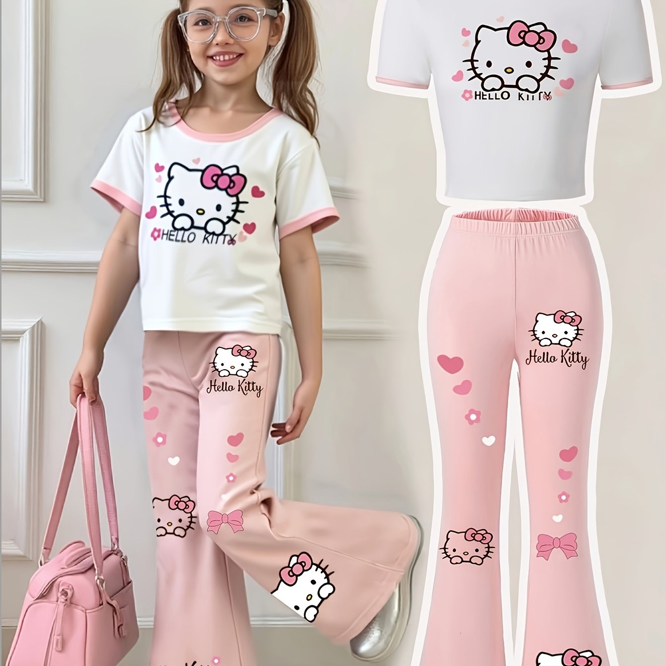 Image of Kuromi Love Heart Flower Short Neck T-shirt + Slim Fit Flared Pants Two-piece Set, For Outdoor