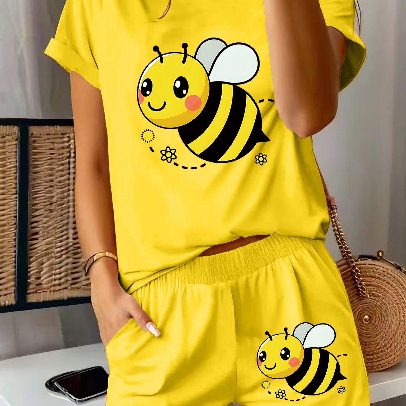 TEMU Set primaverile da donna 2 pezzi - Completo con stampa a fiori di ape, composto da maglietta a maniche corte e pantaloncini, , , traspirante, e