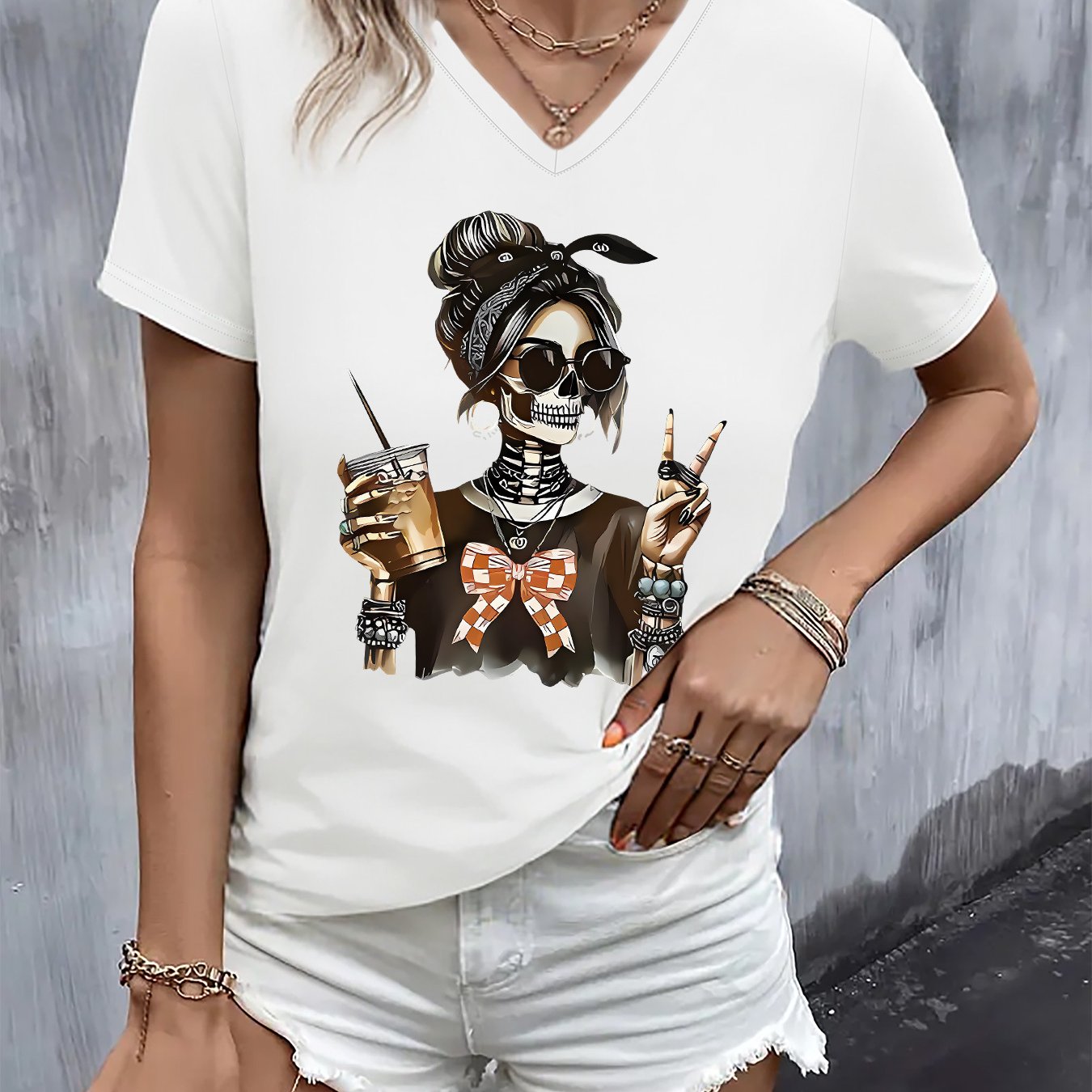 TEMU Summer Short-sleeve V-neck T-shirt For Women With A Stylish Printed Design, Made From Soft And Comfortable Fabric That Pairs Well With Anything