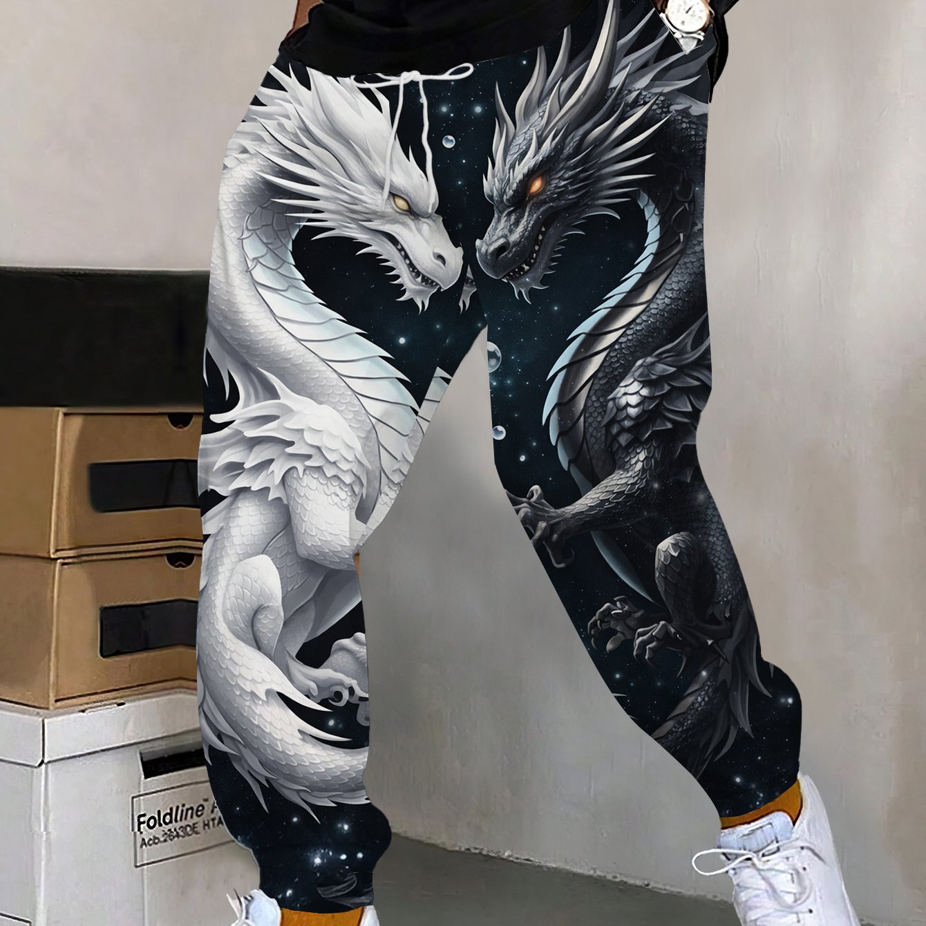 TEMU Men's Trendy Double Dragon Print Sweatpants Loose Sports Trousers Casual Versatile Starry Sky Pattern Pants