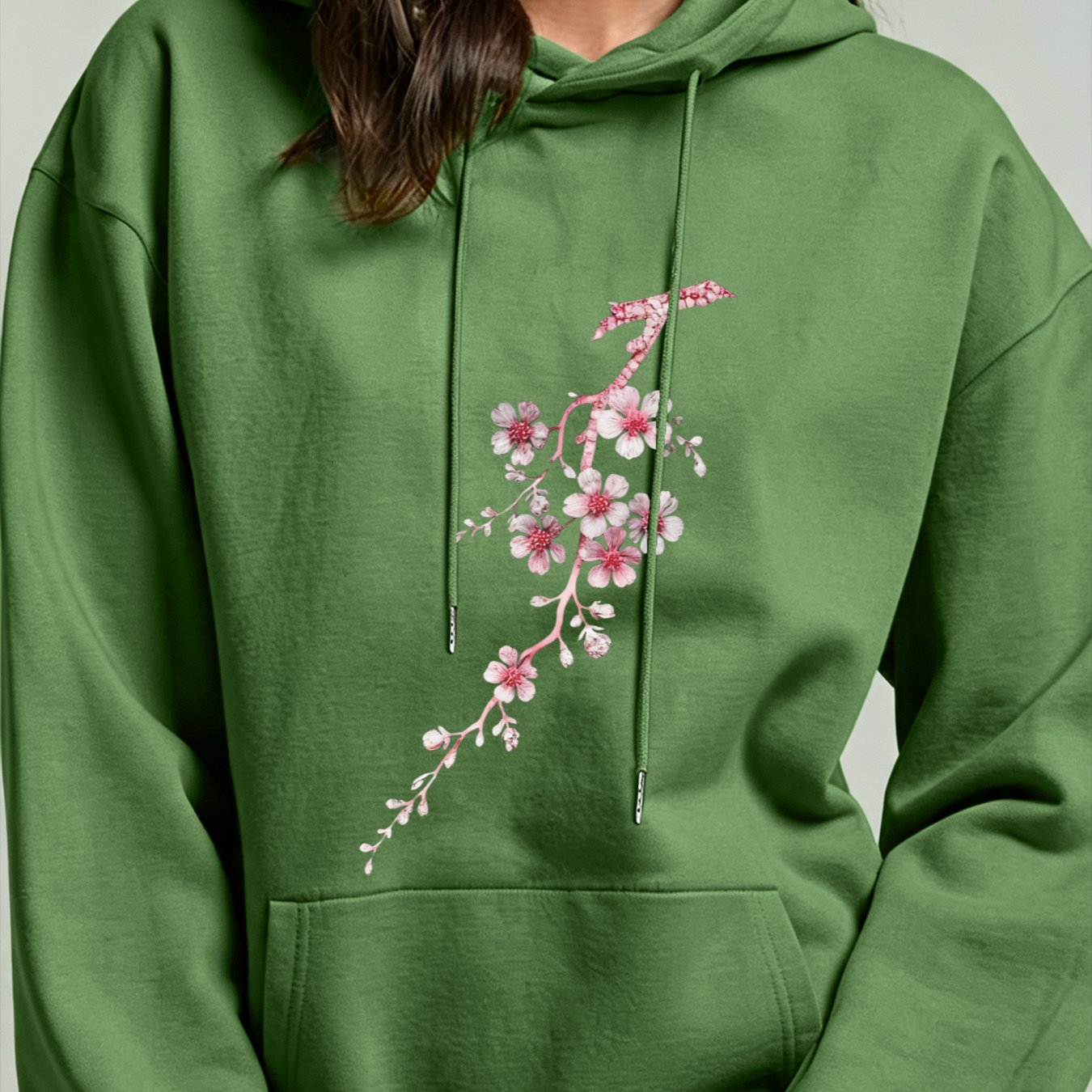 Autumn Winter Women Loose Hoodie Y2k Pink Cherry Print Black Casual Pullover Top