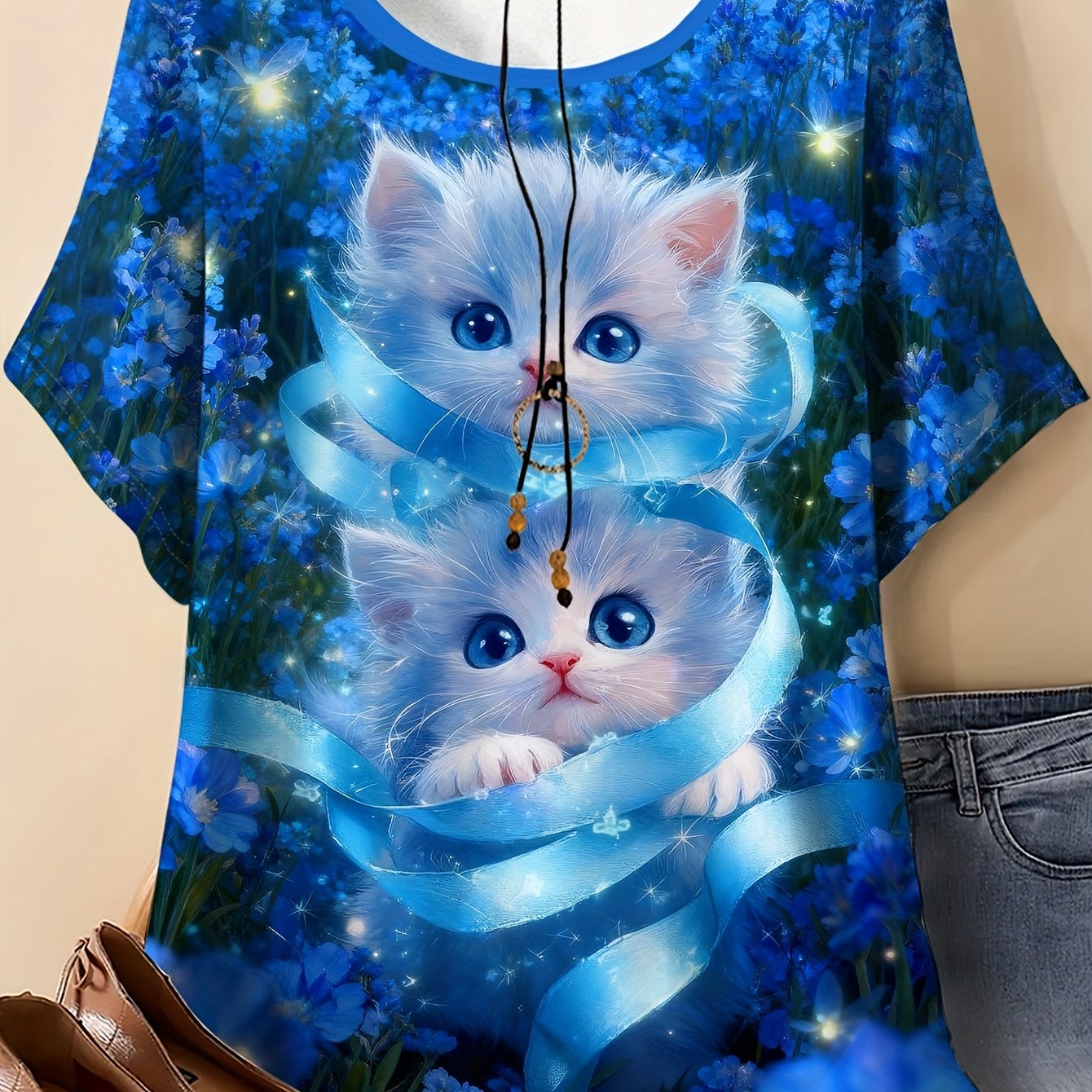 TEMU Grande Taille - Grande Taille - Une Paire de Chatons avec des Yeux et un , Entourés de Fleurs Bleues, avec un Imprimé de T-Shirt pour Femmes de