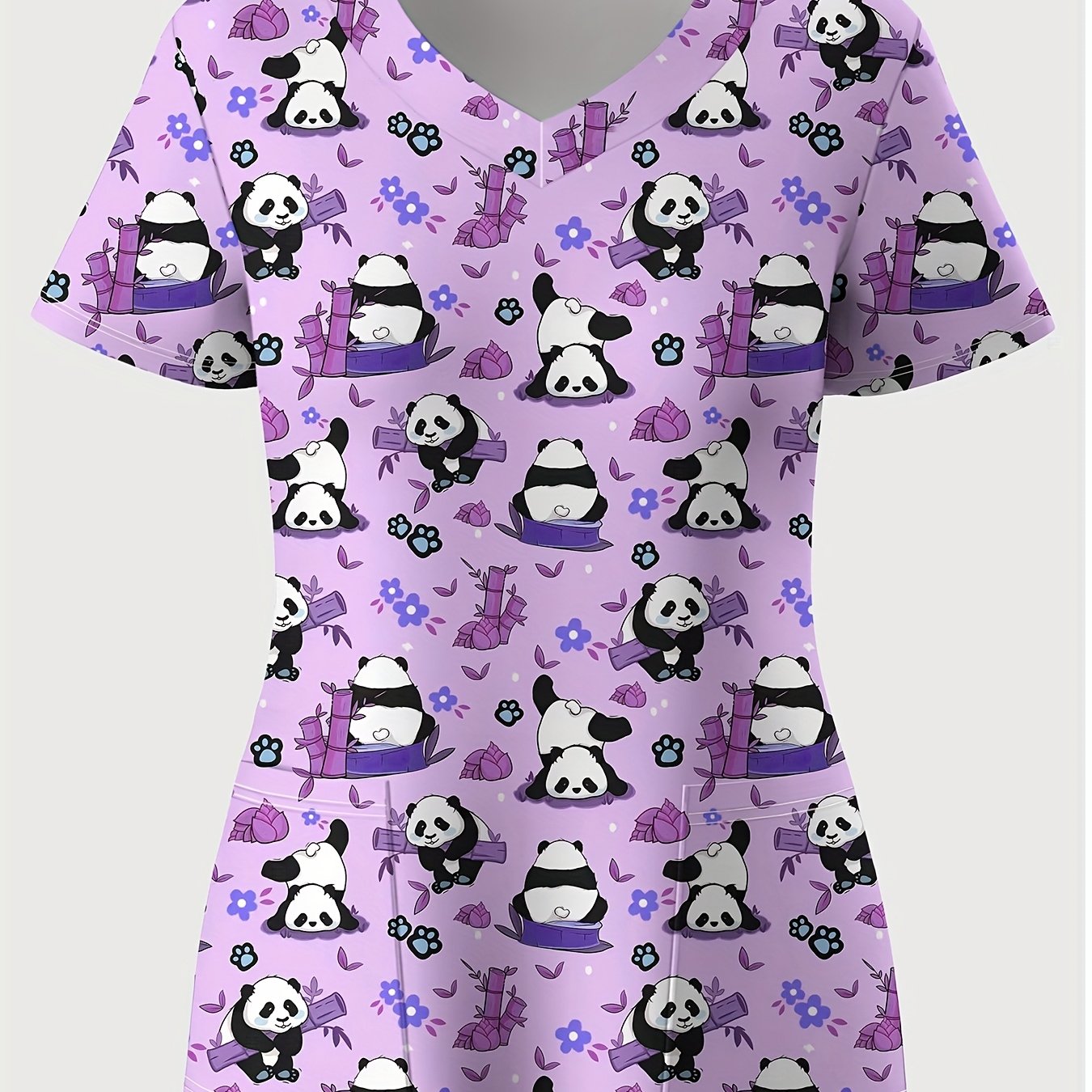 TEMU Plus Size, Plus Size Women's V-neck Short Sleeve Top - Cute Panda Floral Print, Dual , Comfortable Casual Spring Summer Autumn Uniform, Fun ,
