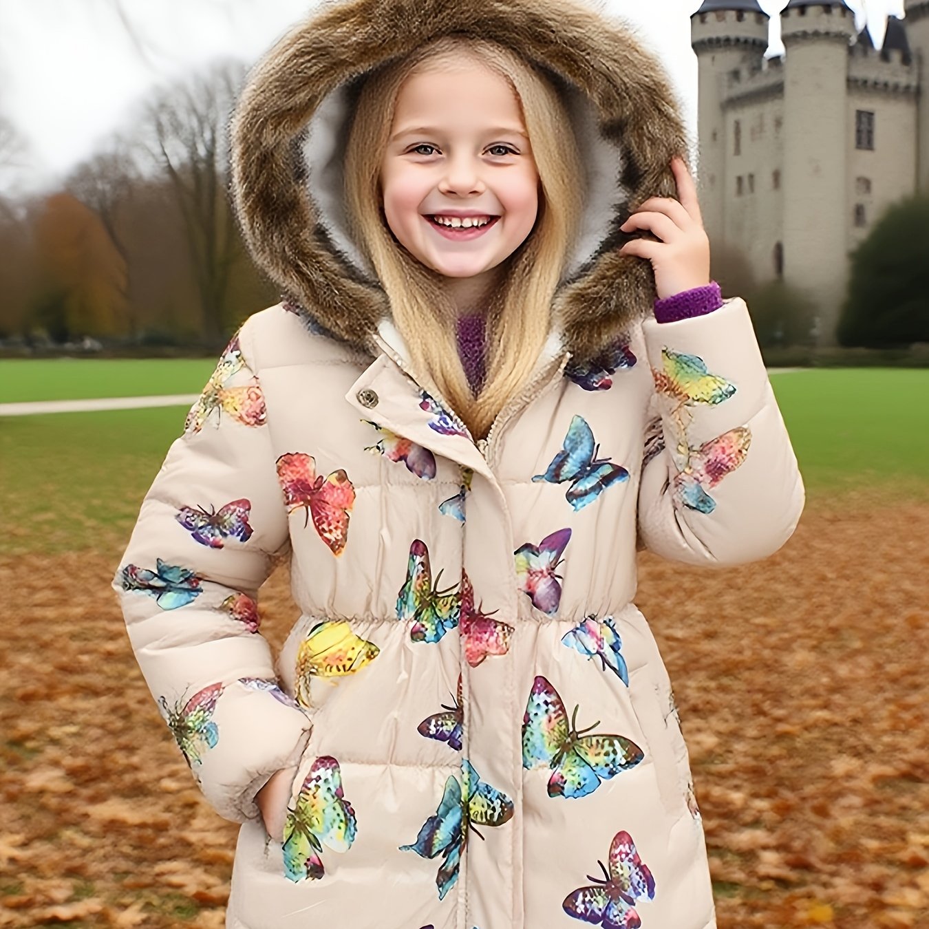 Image of New Autumn Winter Girls' Fashion Print Hooded Coat Quilted Jacket Mid-length Waist-cinching Warm Dress