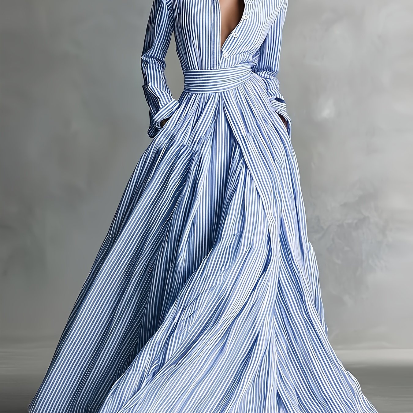 TEMU Women's Blue White Pinstripe Lapel Waist-cinching Tie-waist A-line Shirt Dress, Easy Casual Party Date Multi-occasion , Casual Elegant Women's