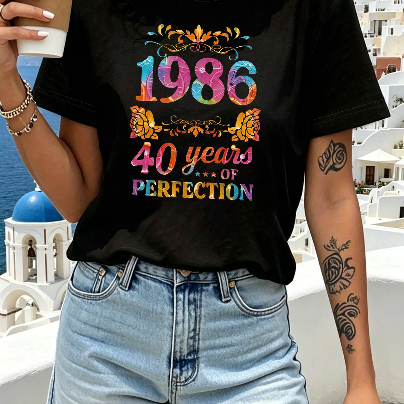 TEMU 1986 Of Perfection Letter Print T-shirt, Short Sleeve Crew Neck Casual Top For Summer & Spring, Women's Clothing