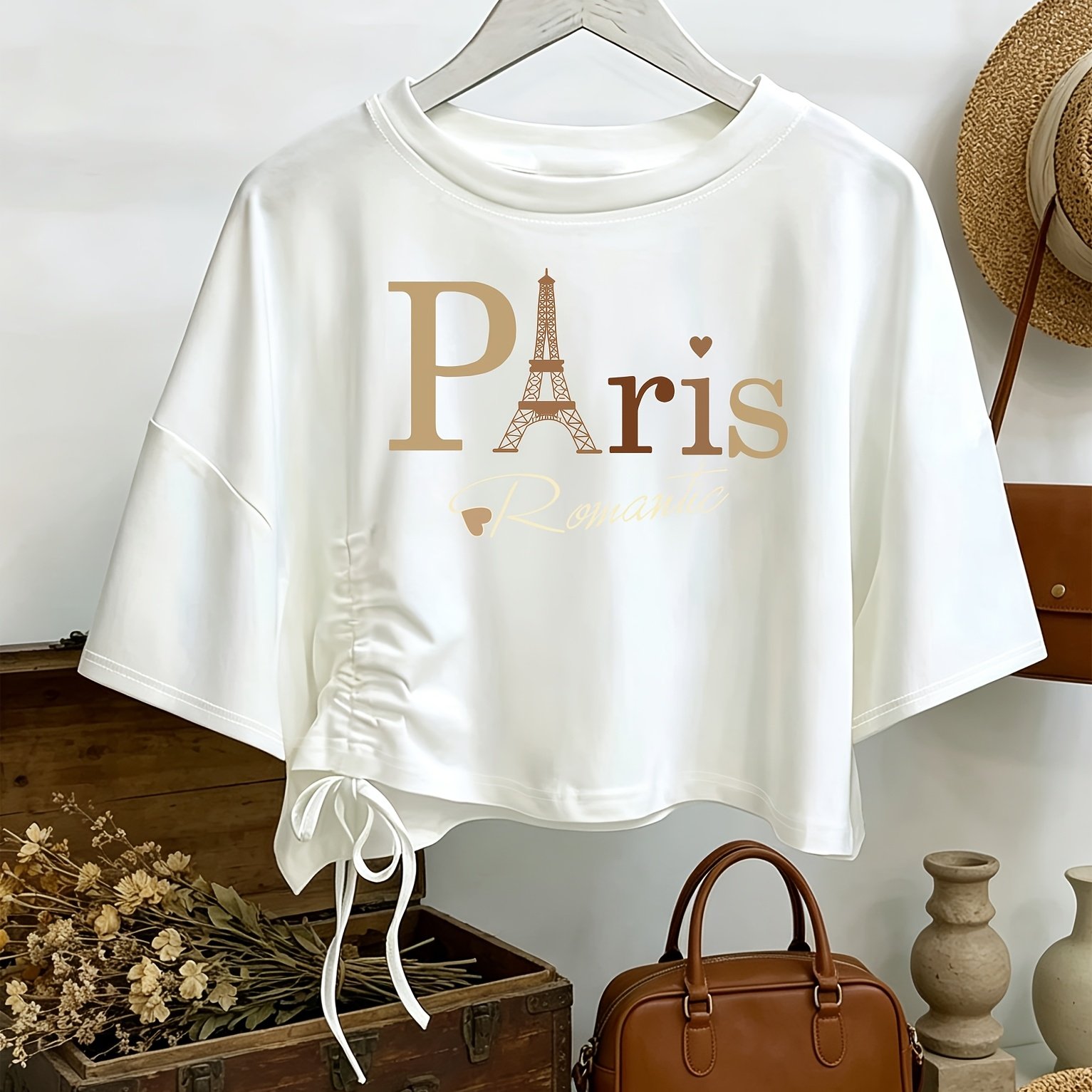 TEMU T-shirt pour France avec Eiffel et lettrage dégradé - Haut à manches courtes, ourlet à cordon de serrage et taille apparentée, blouse douce