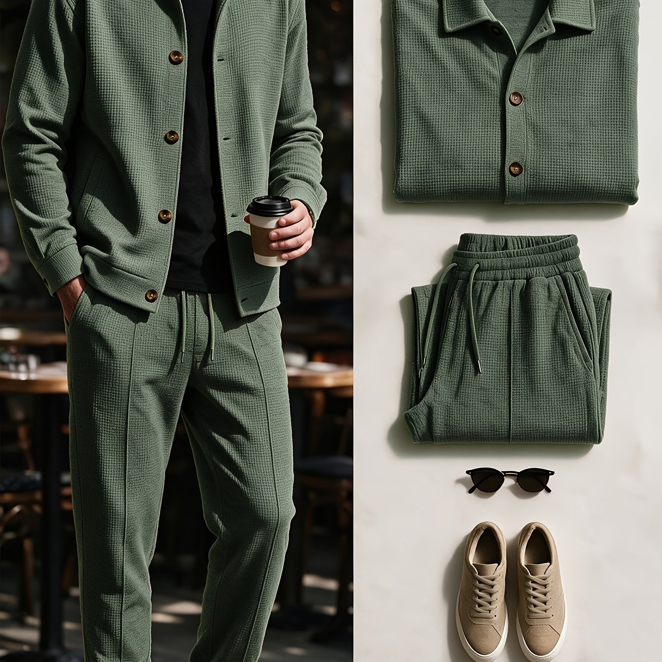 TEMU Obm Men's Waffle Knit Lapel Jacket And Trousers 2pcs Set, Lightly Mature , Three-dimensional Textured Knit, Lapel Single-breasted Open Cardigan