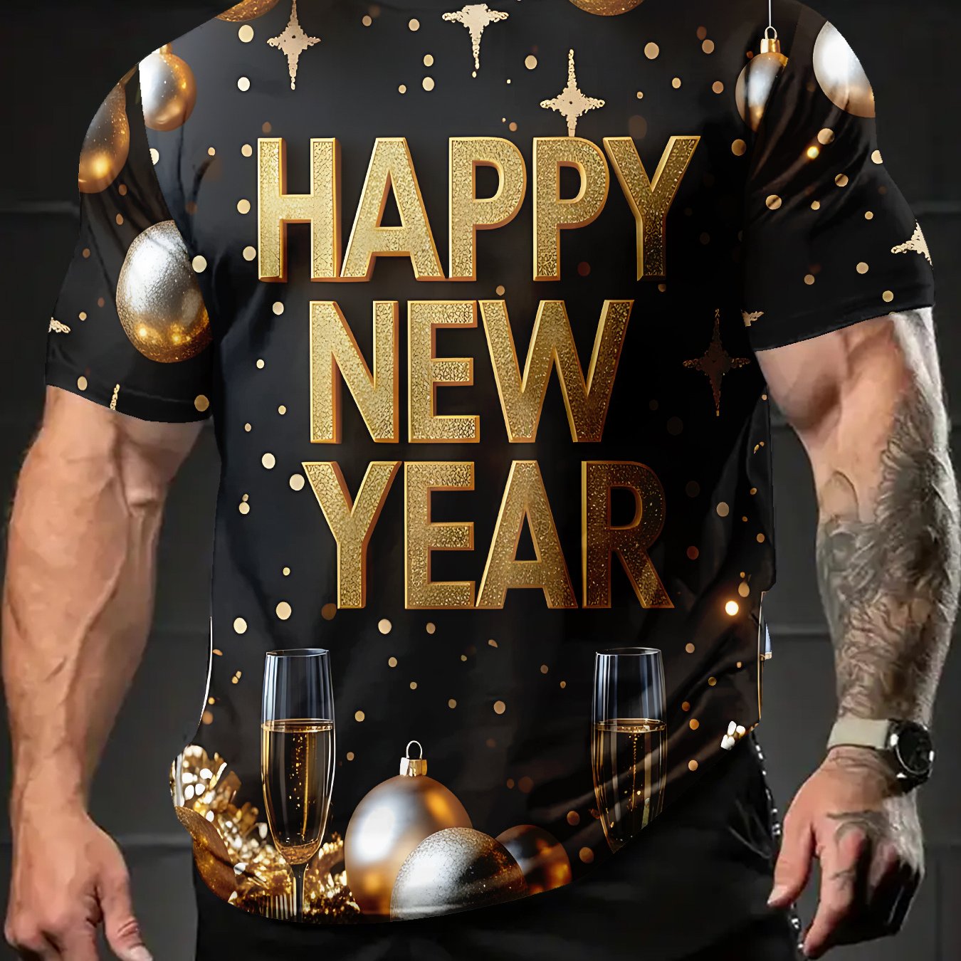 TEMU Men's Christmas Golden "happy New Year" Champagne New Year Printed T-shirt, Casual Versatile Sporty Men's Crew Neck Short Sleeve, Suitable For
